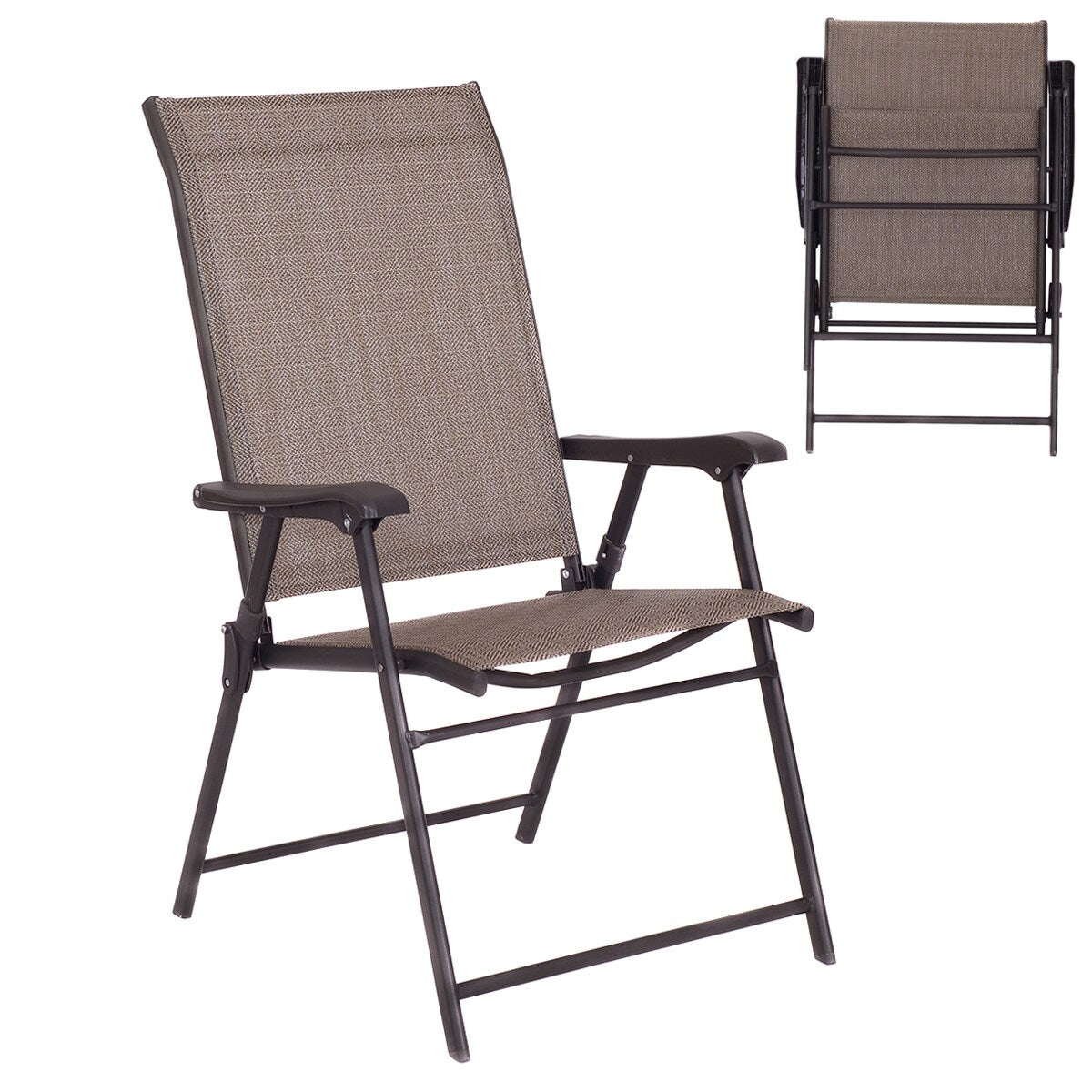 Ensemble de 2 chaises pliantes à dossier en toile pour terrasse, couleur marron.
