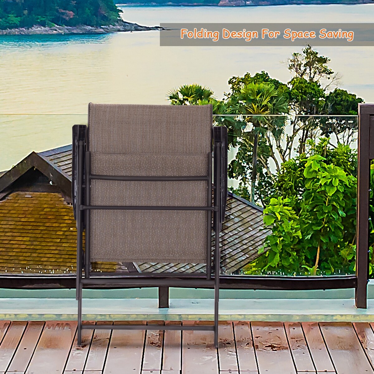 Ensemble de 2 chaises pliantes à dossier en toile pour terrasse, couleur marron.