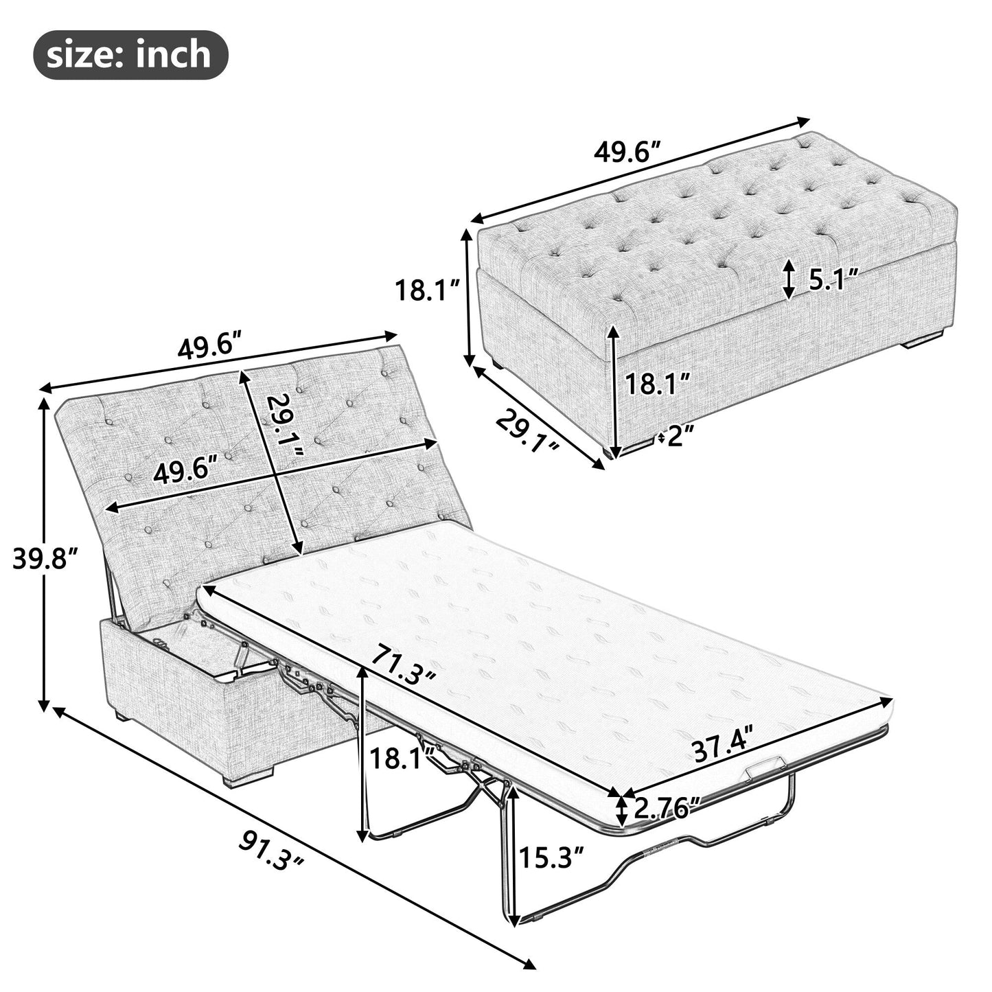 Canapé-lit pliable, pouf 49.6 avec canapé-lit pliable, pouf-lit convertible avec matelas à mémoire de forme et design capitonné