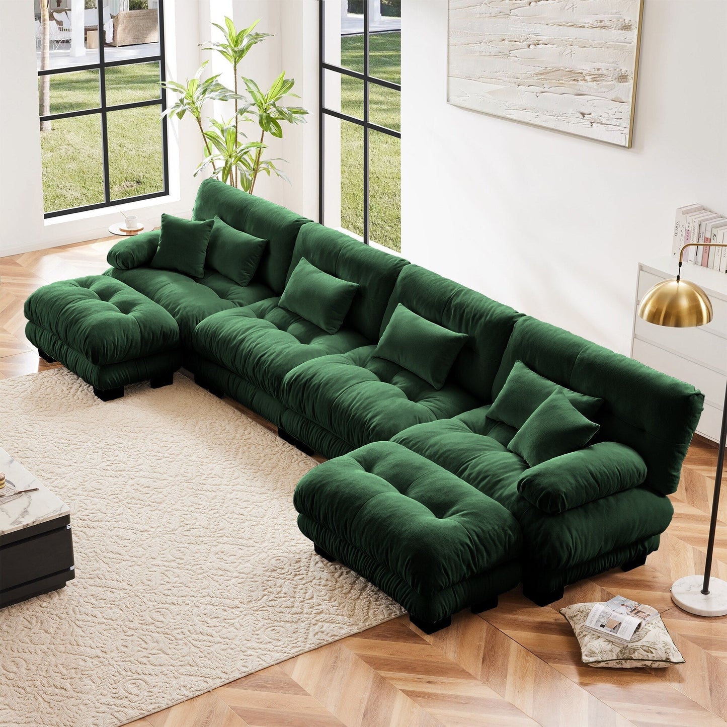 Canapé d'angle modulable en chenille 4 places avec 2 ottomans et coussin pour salon, à combiner à volonté.