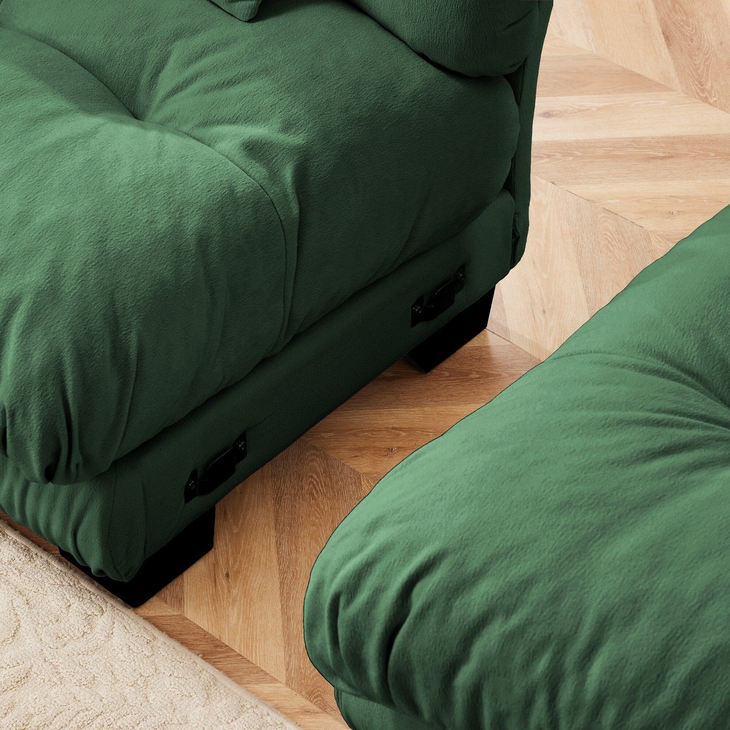 Canapé d'angle modulable en chenille 4 places avec 2 ottomans et coussin pour salon, à combiner à volonté.