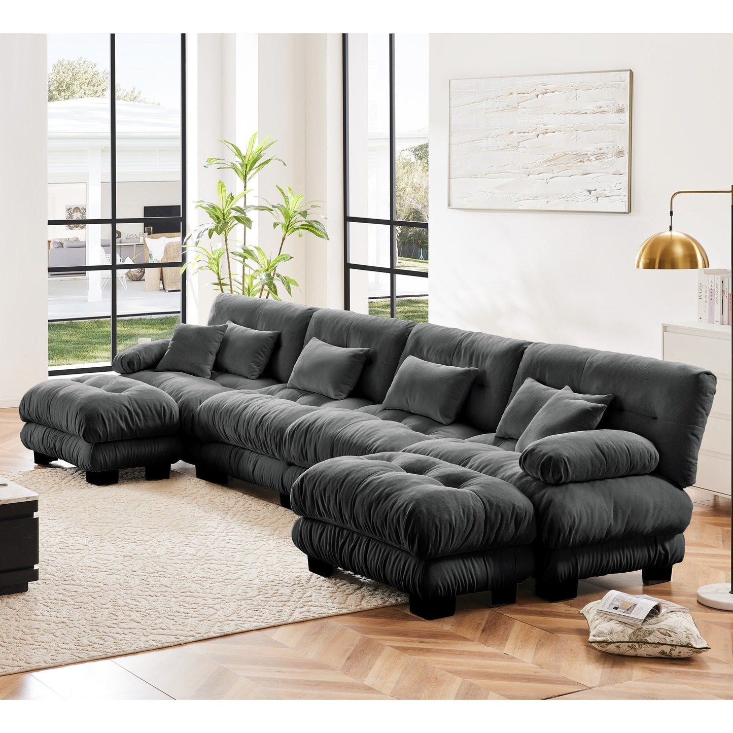 Canapé d'angle modulable en chenille 4 places avec 2 ottomans et coussin pour salon, à combiner à volonté.