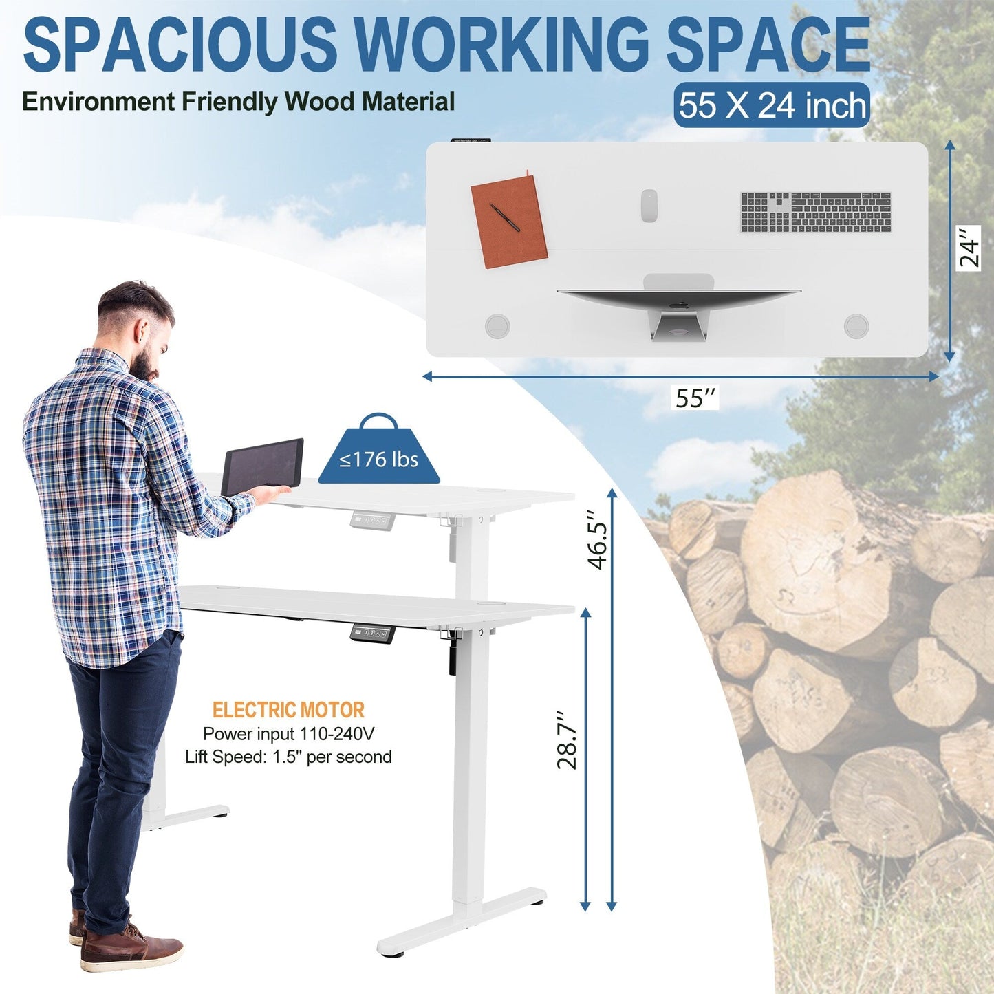 Bureau debout électrique à hauteur réglable Futzca, bureau informatique avec plateau de séparation, pour travailler debout ou assis.
