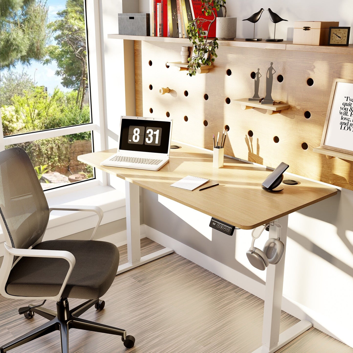 Bureau debout électrique à hauteur réglable Futzca, bureau informatique avec plateau de séparation, pour travailler debout ou assis.