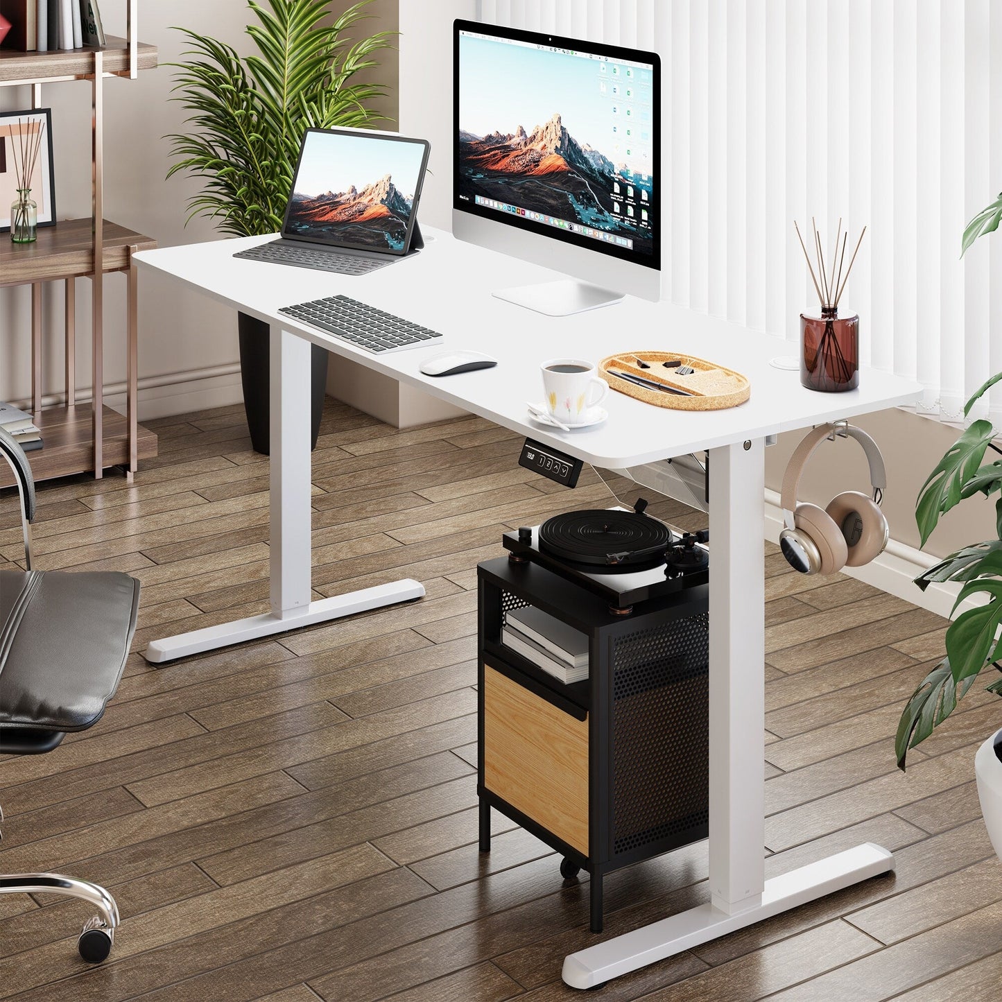 Bureau debout électrique à hauteur réglable Futzca, bureau informatique avec plateau de séparation, pour travailler debout ou assis.