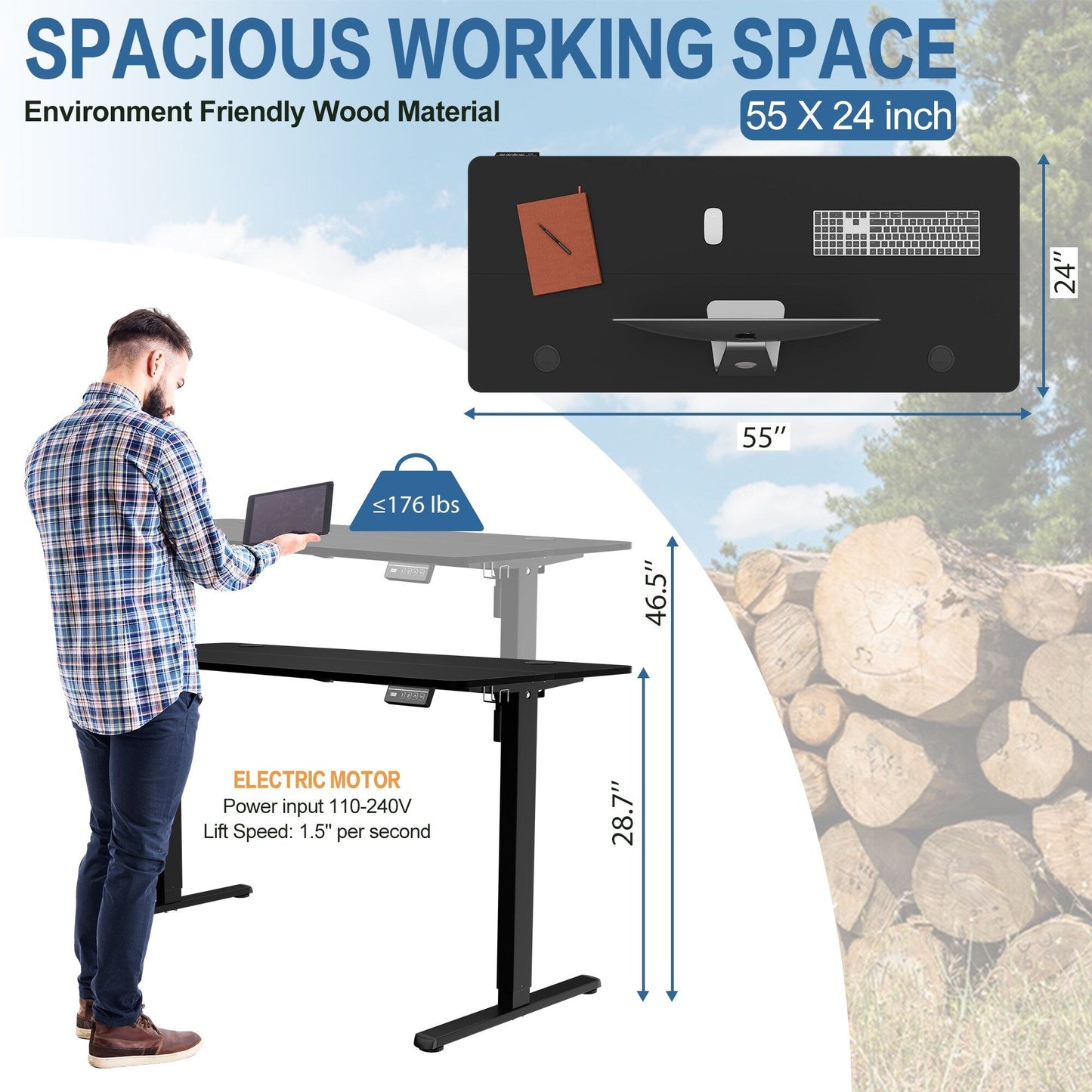 Bureau debout électrique à hauteur réglable Futzca, bureau informatique avec plateau de séparation, pour travailler debout ou assis.