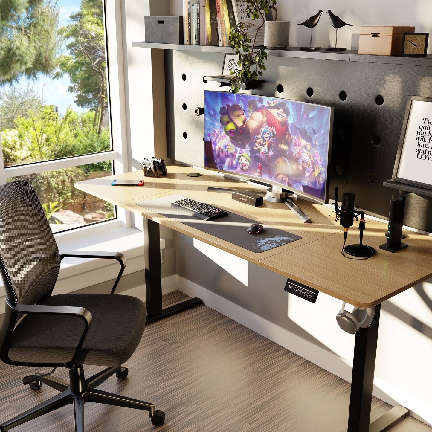 Bureau debout électrique à hauteur réglable Futzca, bureau informatique avec plateau de séparation, pour travailler debout ou assis.