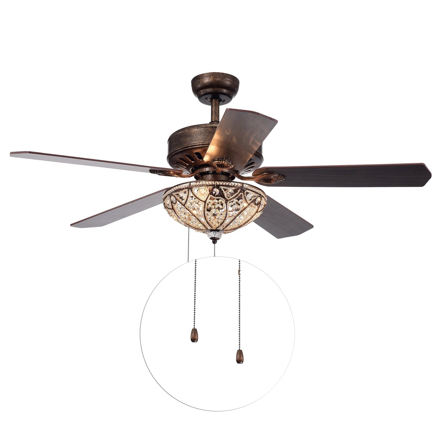 Ventilateur de plafond Gliska à 5 pales en bronze rustique avec abat-jour en cristal
