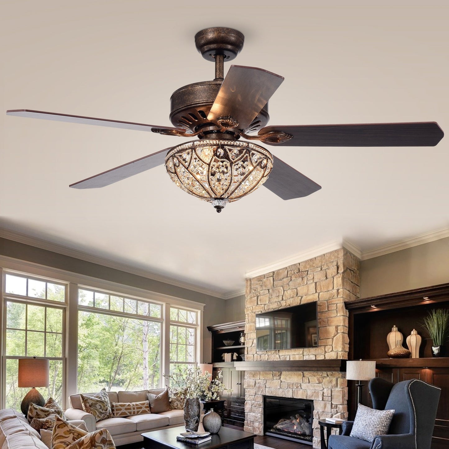 Ventilateur de plafond Gliska à 5 pales en bronze rustique avec abat-jour en cristal