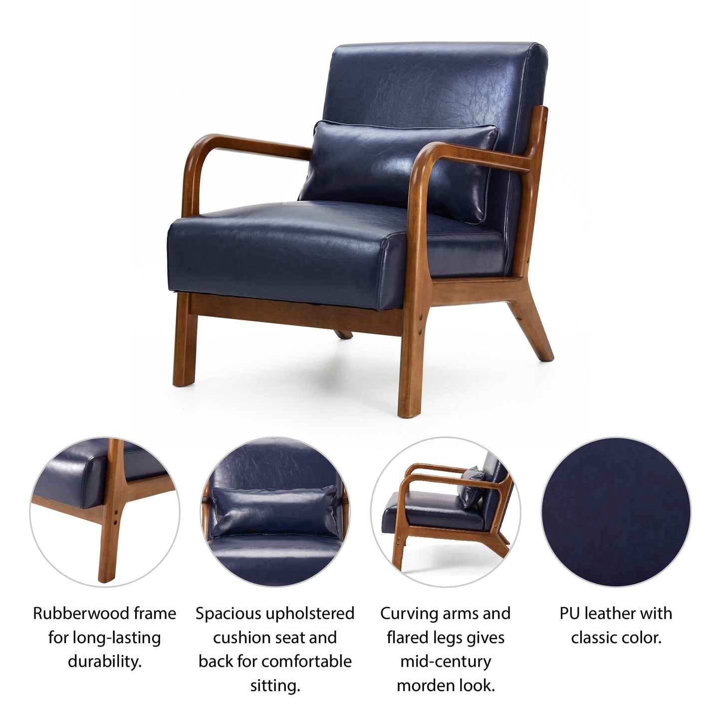 Fauteuil d'appoint Glitzhome en cuir PU, style moderne du milieu du siècle, avec coussin - 65,4 cm (l) x 85,75 cm (p) x 78,1 cm (h)