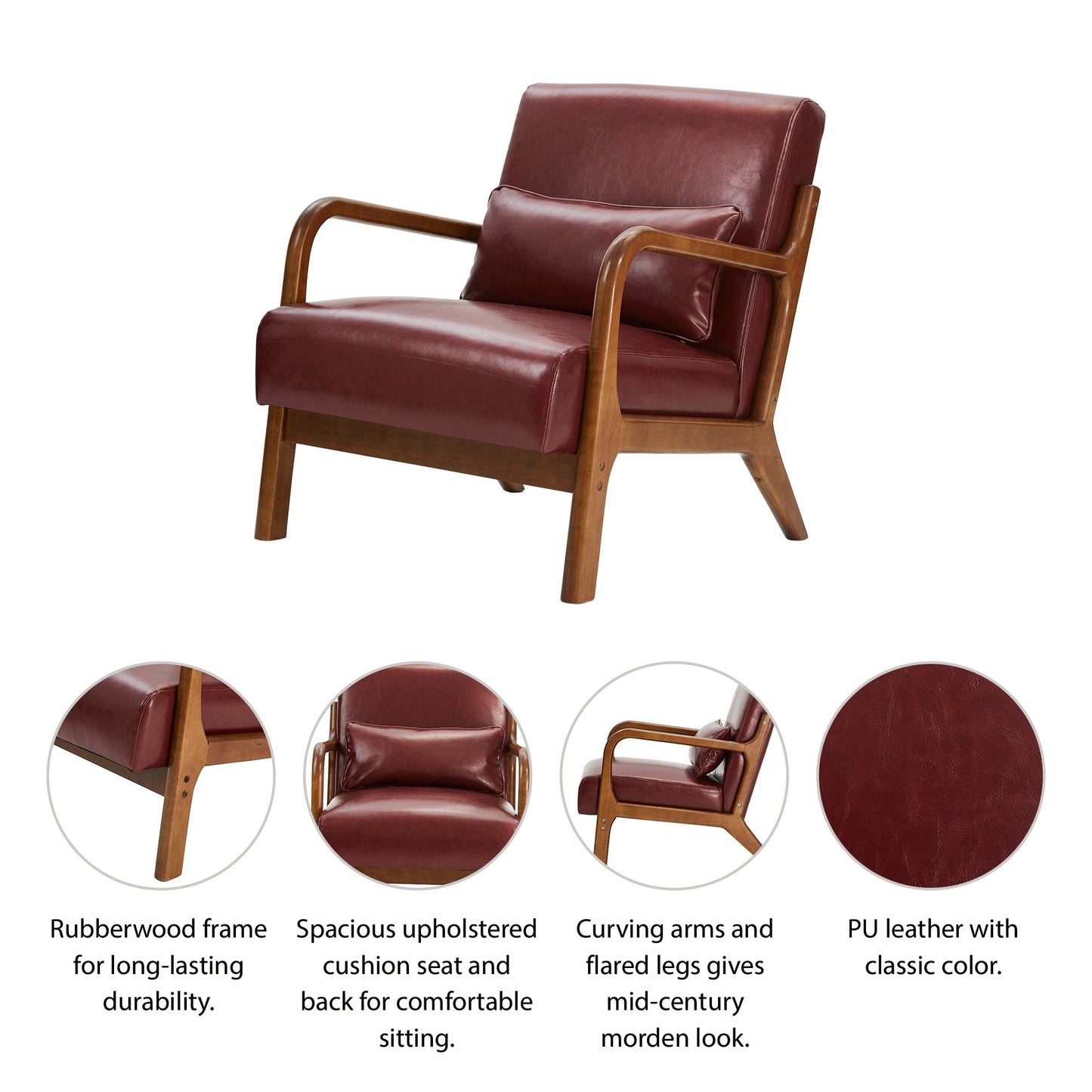 Fauteuil d'appoint Glitzhome en cuir PU, style moderne du milieu du siècle, avec coussin - 65,4 cm (l) x 85,75 cm (p) x 78,1 cm (h)