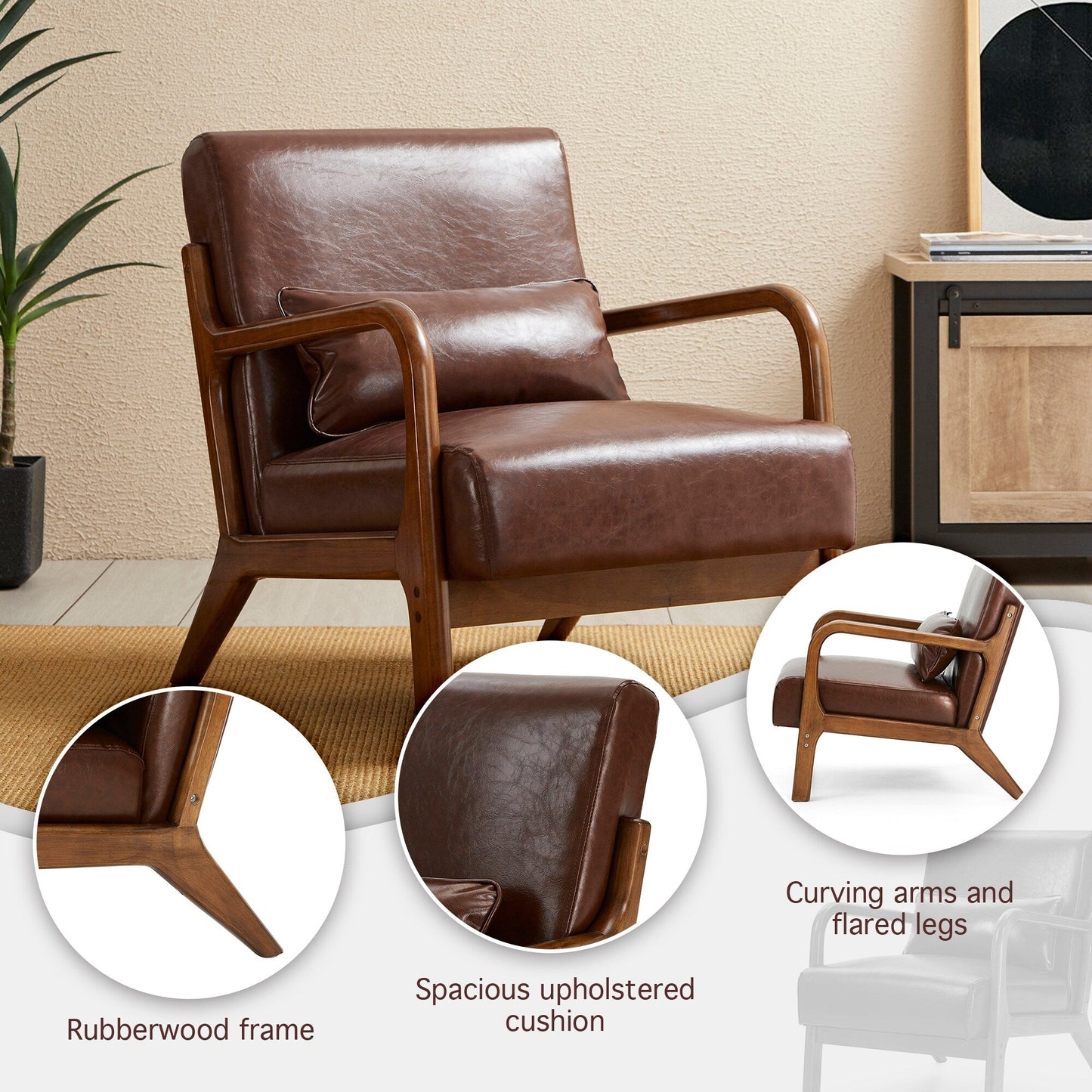 Fauteuil d'appoint Glitzhome en cuir PU, style moderne du milieu du siècle, avec coussin - 65,4 cm (l) x 85,75 cm (p) x 78,1 cm (h)