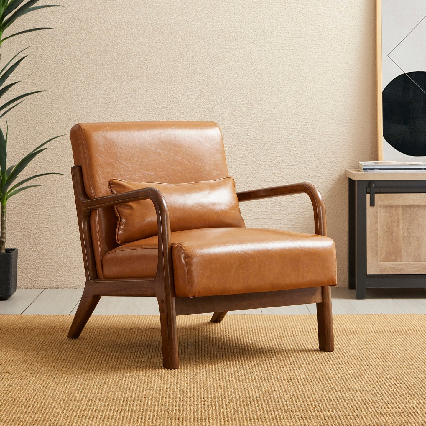 Fauteuil d'appoint Glitzhome en cuir PU, style moderne du milieu du siècle, avec coussin - 65,4 cm (l) x 85,75 cm (p) x 78,1 cm (h)