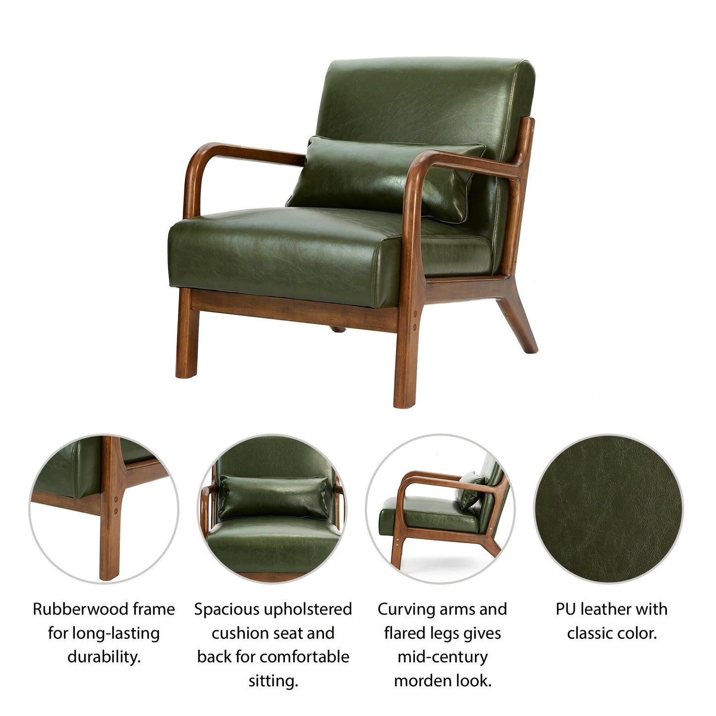 Fauteuil d'appoint Glitzhome en cuir PU, style moderne du milieu du siècle, avec coussin - 65,4 cm (l) x 85,75 cm (p) x 78,1 cm (h)