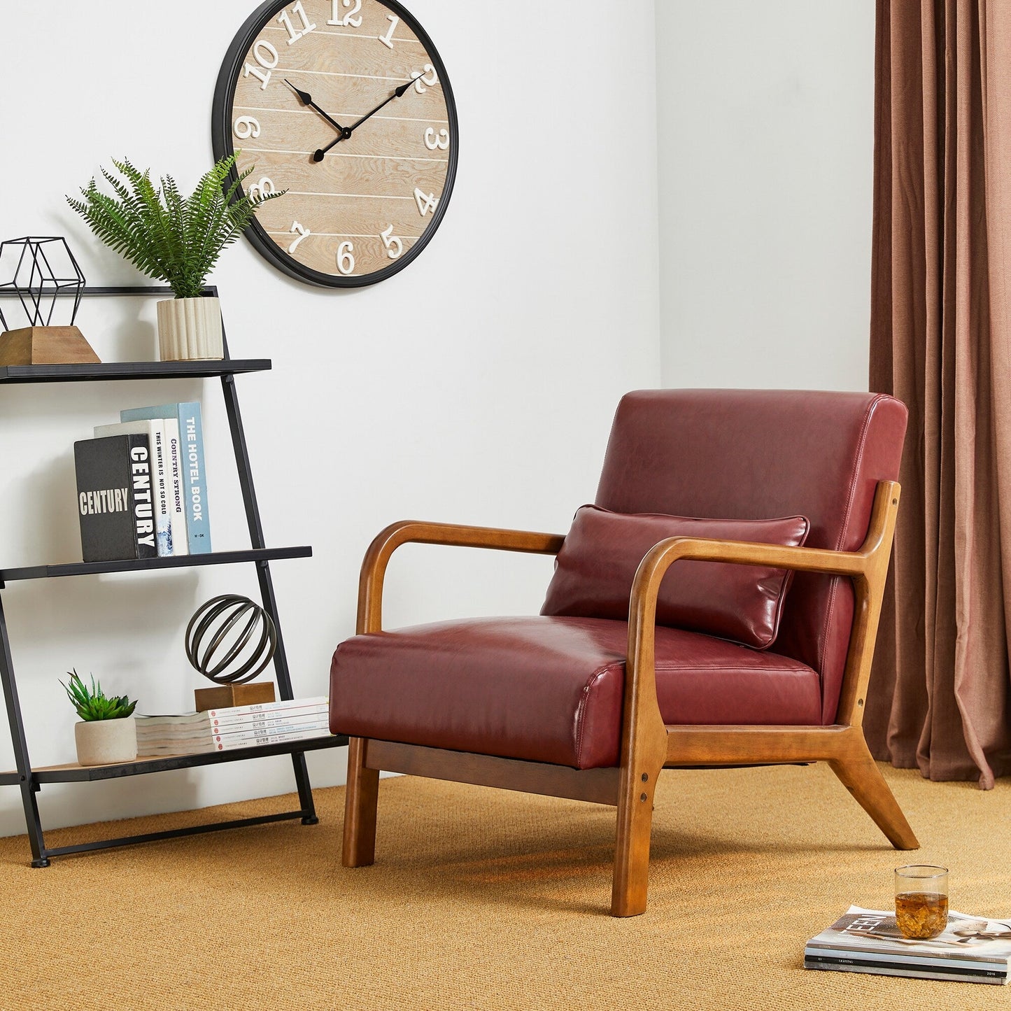 Fauteuil d'appoint Glitzhome en cuir PU, style moderne du milieu du siècle, avec coussin - 65,4 cm (l) x 85,75 cm (p) x 78,1 cm (h)