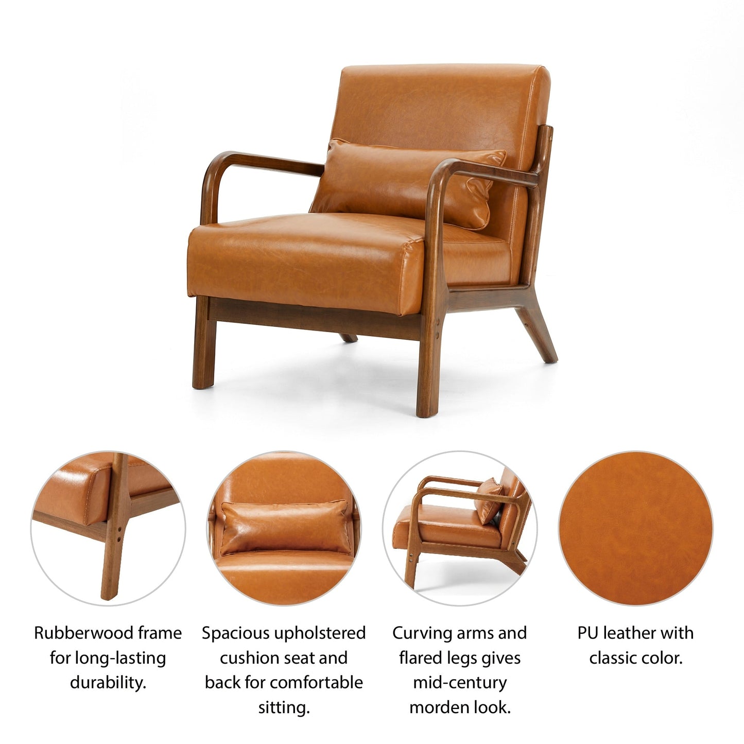 Fauteuil d'appoint Glitzhome en cuir PU, style moderne du milieu du siècle, avec coussin - 65,4 cm (l) x 85,75 cm (p) x 78,1 cm (h)