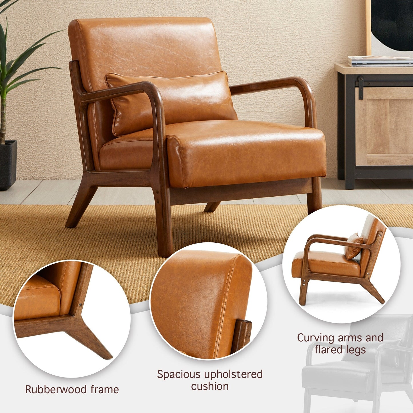 Fauteuil d'appoint Glitzhome en cuir PU, style moderne du milieu du siècle, avec coussin - 65,4 cm (l) x 85,75 cm (p) x 78,1 cm (h)