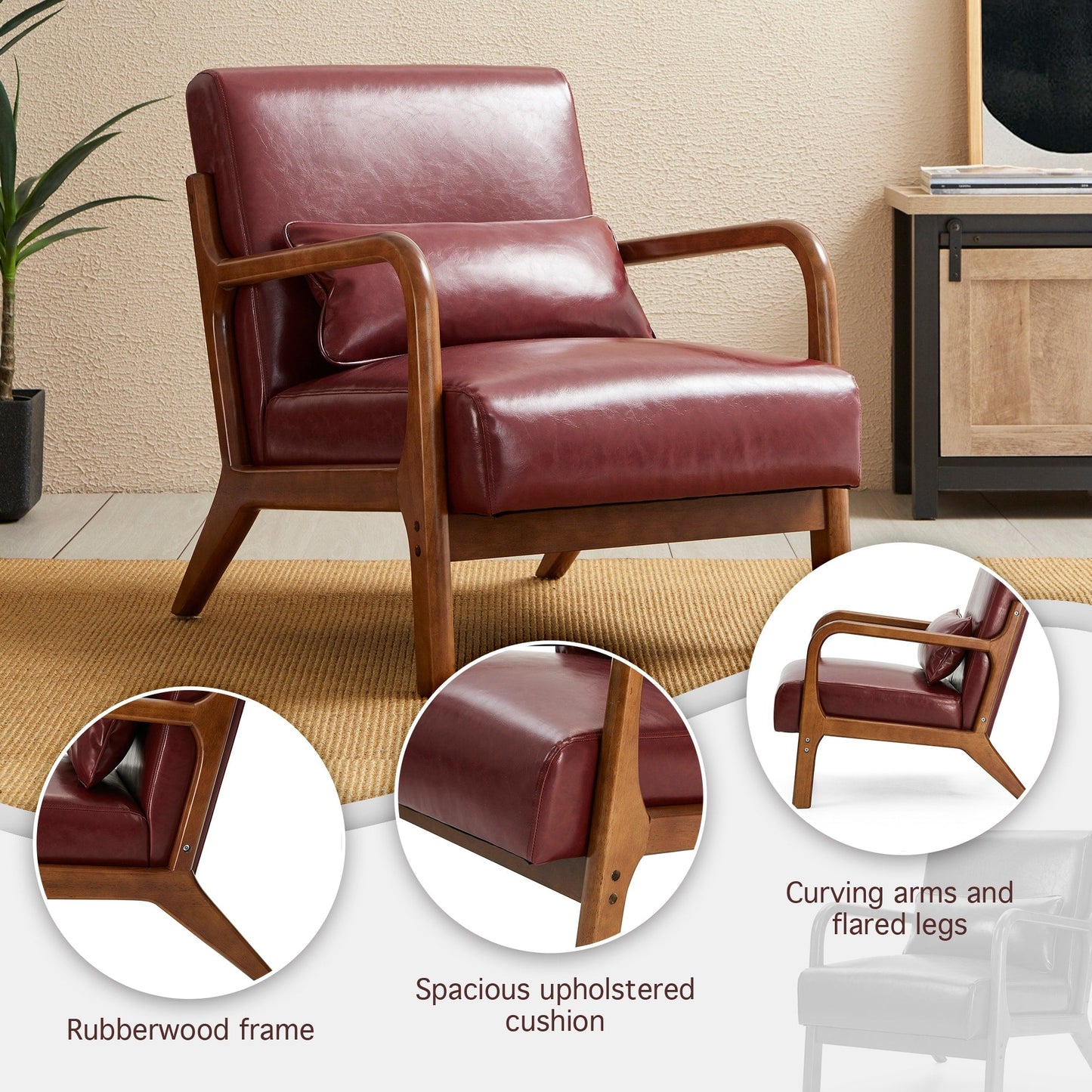 Fauteuil d'appoint Glitzhome en cuir PU, style moderne du milieu du siècle, avec coussin - 65,4 cm (l) x 85,75 cm (p) x 78,1 cm (h)