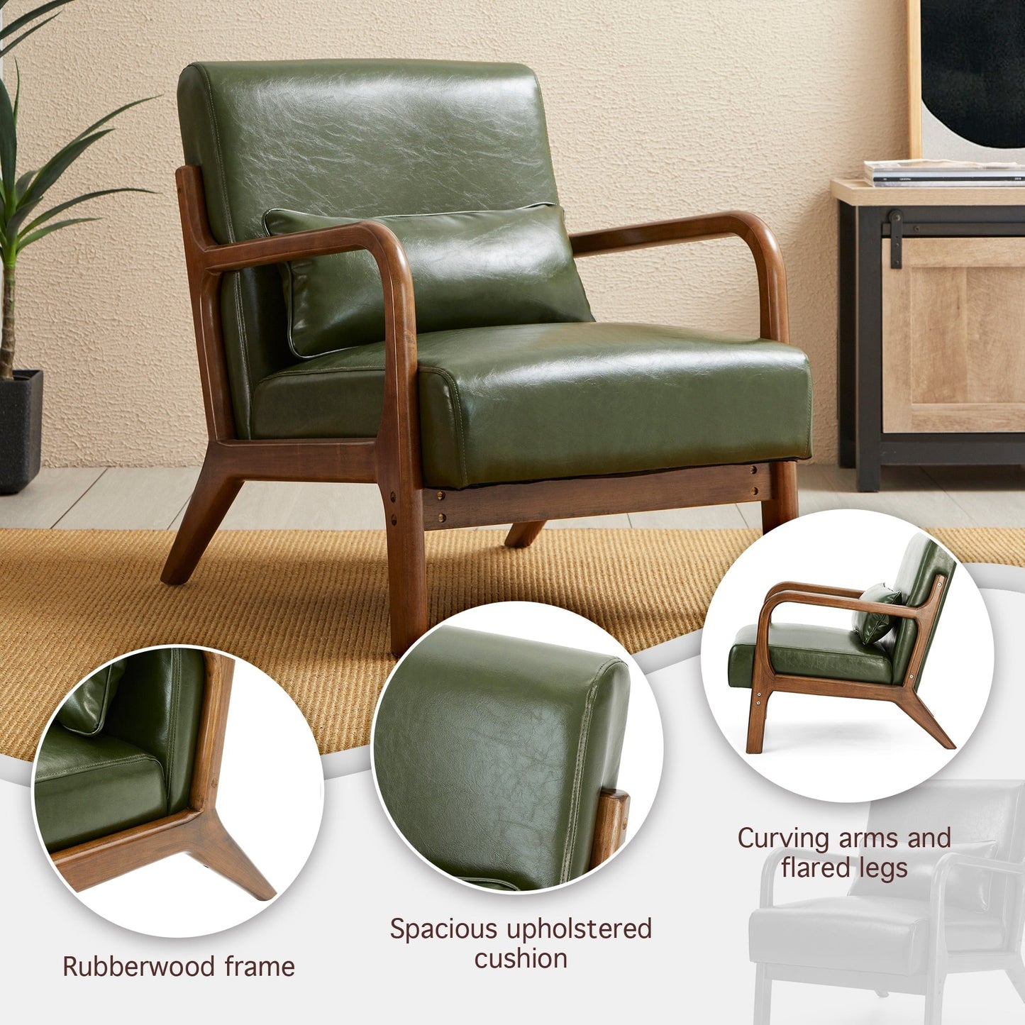 Fauteuil d'appoint Glitzhome en cuir PU, style moderne du milieu du siècle, avec coussin - 65,4 cm (l) x 85,75 cm (p) x 78,1 cm (h)