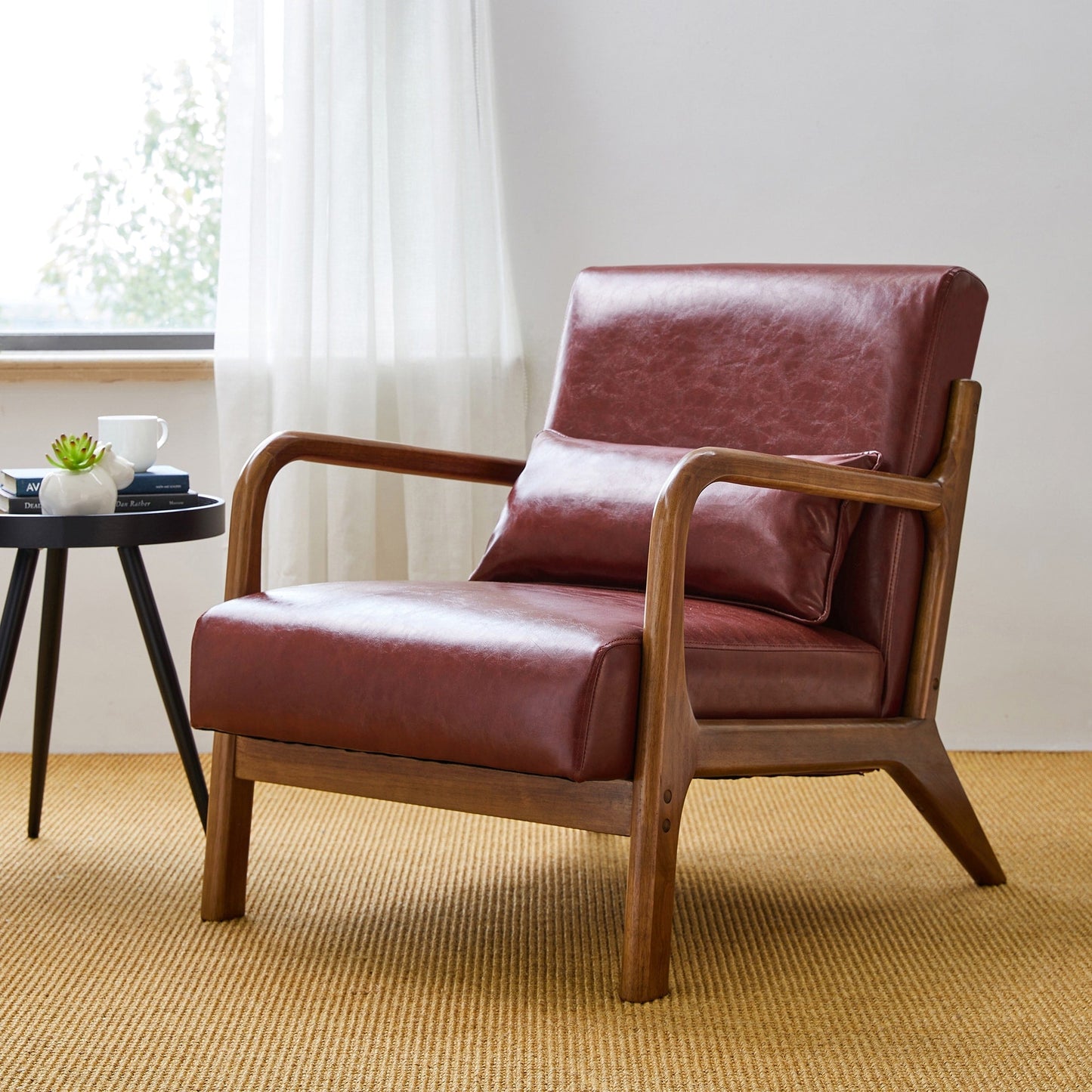 Fauteuil d'appoint Glitzhome en cuir PU, style moderne du milieu du siècle, avec coussin - 65,4 cm (l) x 85,75 cm (p) x 78,1 cm (h)