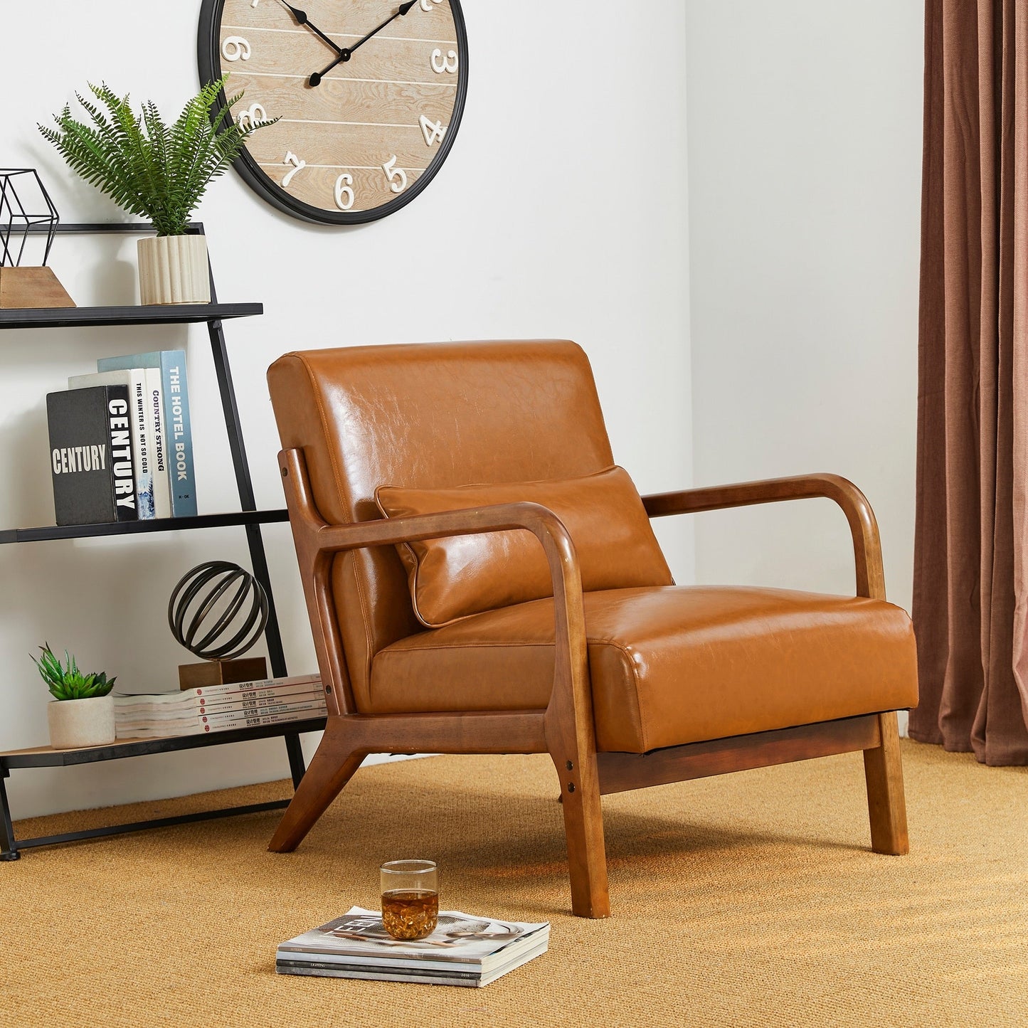 Fauteuil d'appoint Glitzhome en cuir PU, style moderne du milieu du siècle, avec coussin - 65,4 cm (l) x 85,75 cm (p) x 78,1 cm (h)