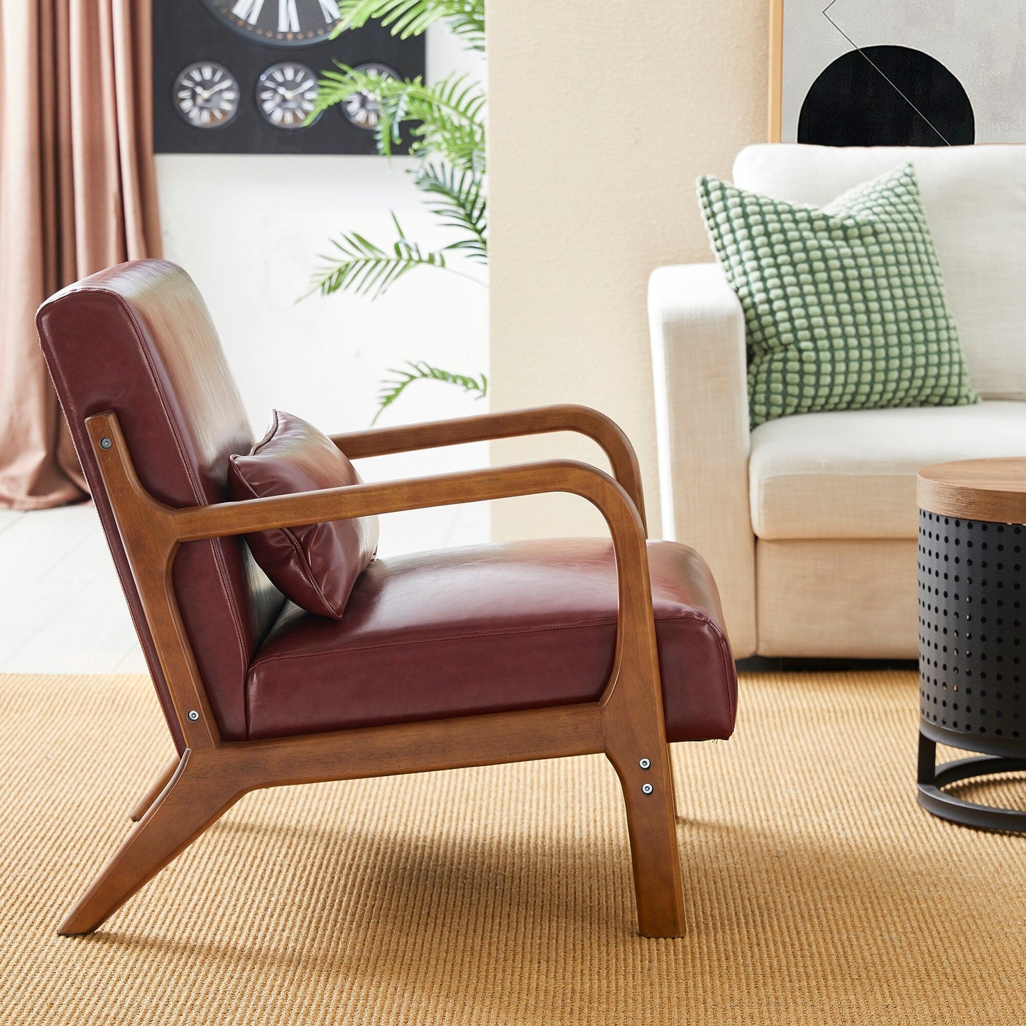 Fauteuil d'appoint Glitzhome en cuir PU, style moderne du milieu du siècle, avec coussin - 65,4 cm (l) x 85,75 cm (p) x 78,1 cm (h)