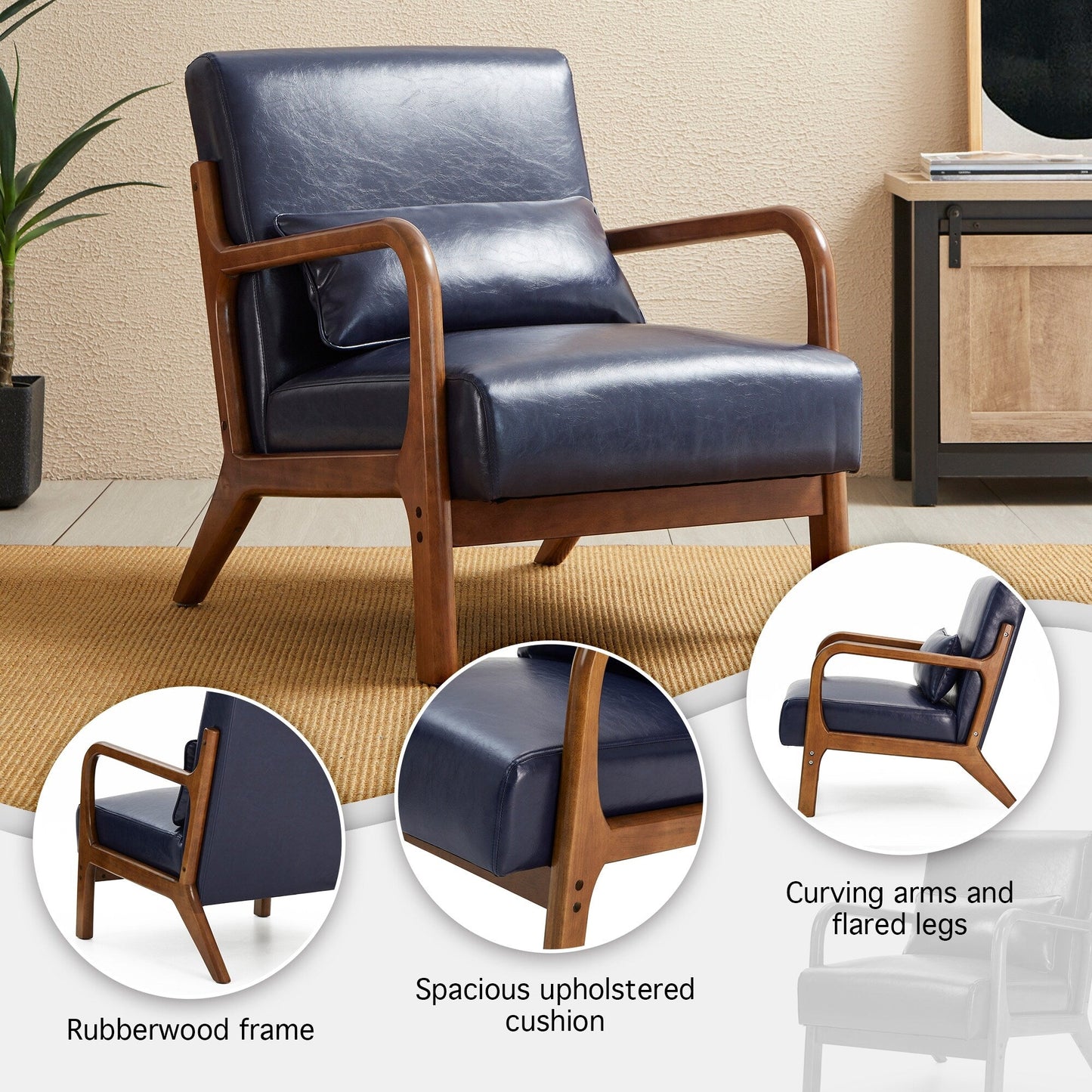 Fauteuil d'appoint Glitzhome en cuir PU, style moderne du milieu du siècle, avec coussin - 65,4 cm (l) x 85,75 cm (p) x 78,1 cm (h)