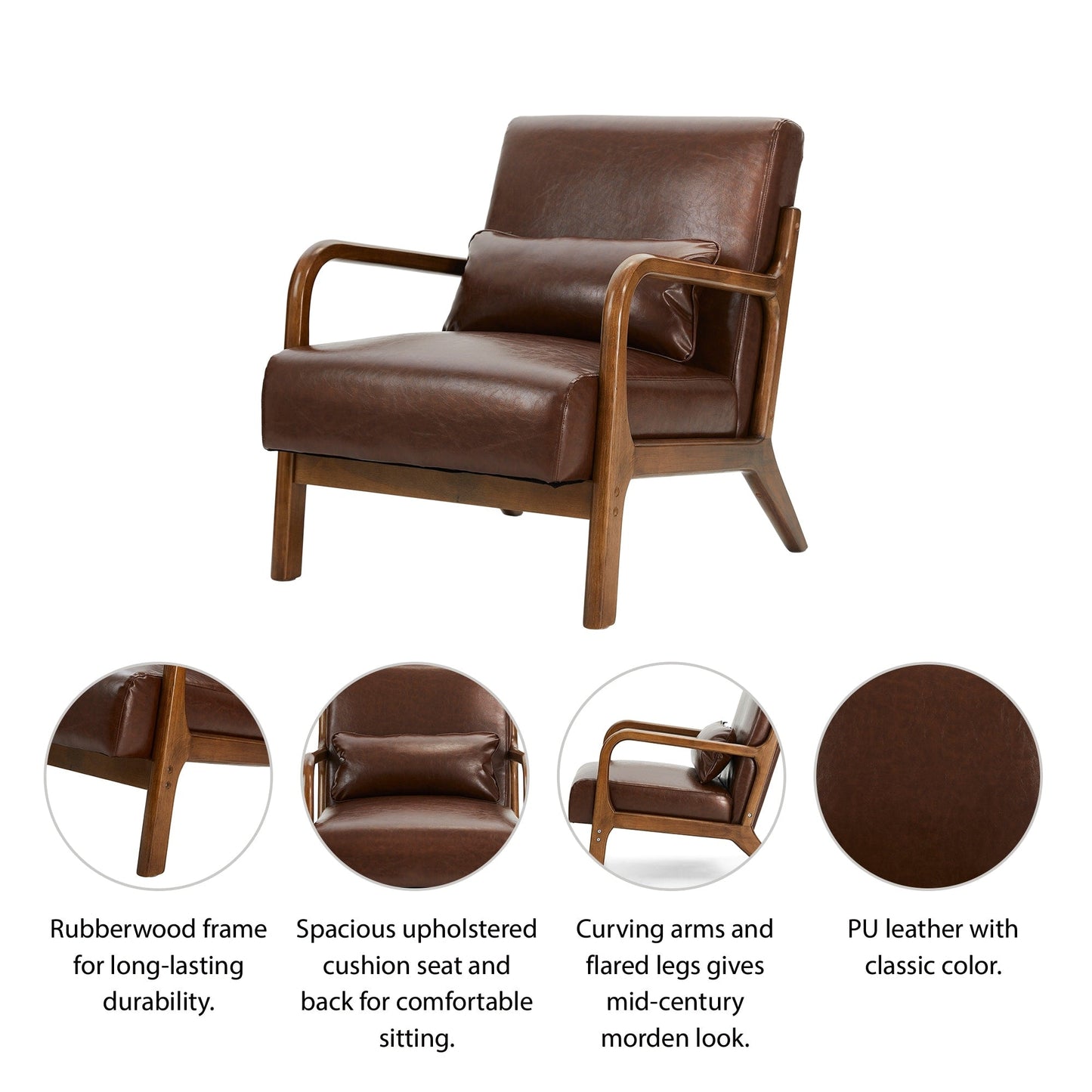 Fauteuil d'appoint Glitzhome en cuir PU, style moderne du milieu du siècle, avec coussin - 65,4 cm (l) x 85,75 cm (p) x 78,1 cm (h)