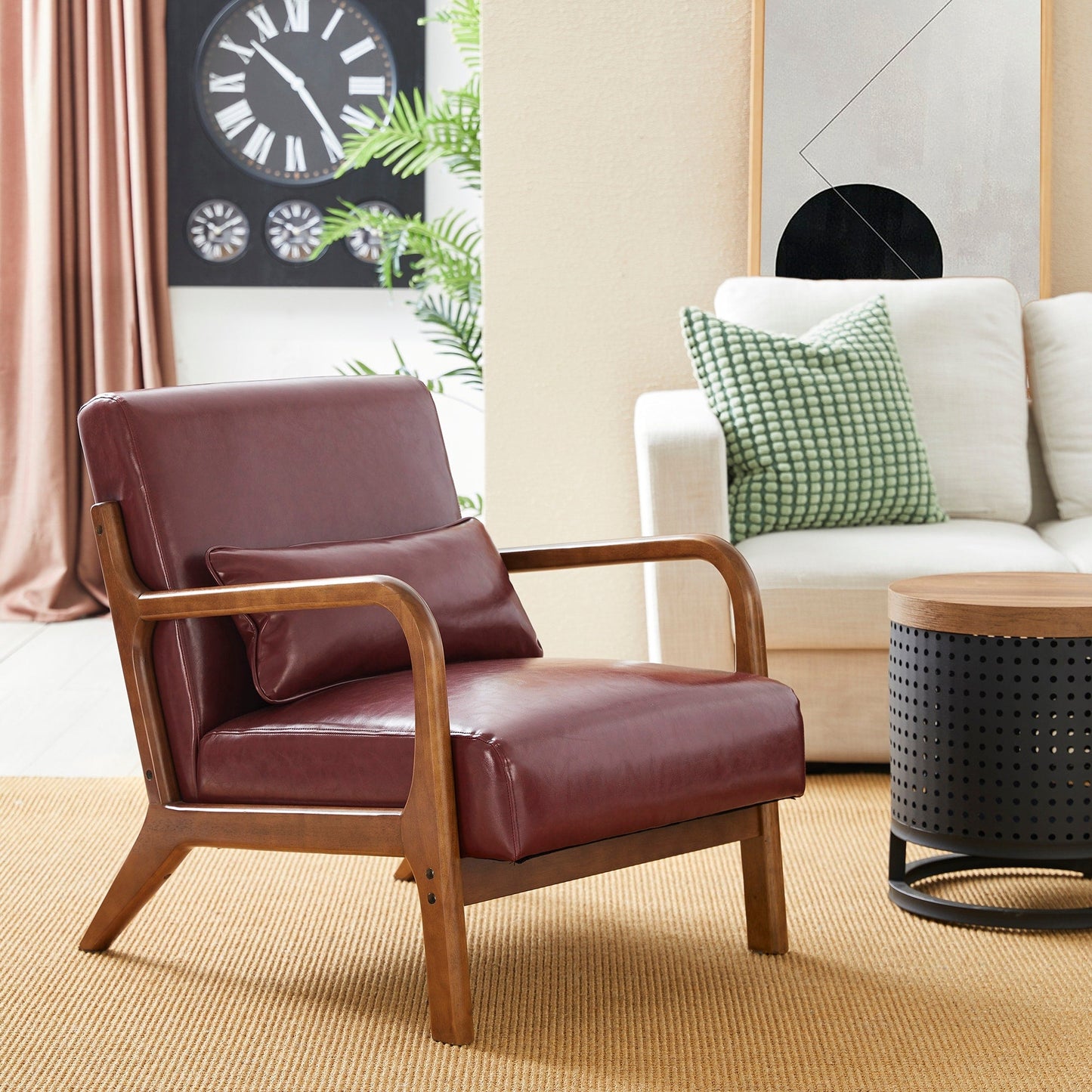 Fauteuil d'appoint Glitzhome en cuir PU, style moderne du milieu du siècle, avec coussin - 65,4 cm (l) x 85,75 cm (p) x 78,1 cm (h)