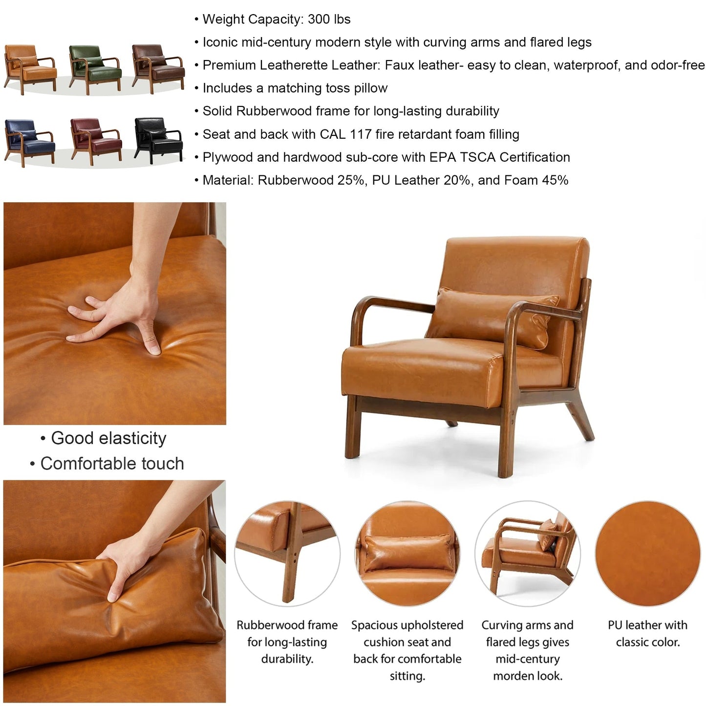 Fauteuil d'appoint Glitzhome en cuir PU, style moderne du milieu du siècle, avec coussin - 65,4 cm (l) x 85,75 cm (p) x 78,1 cm (h)