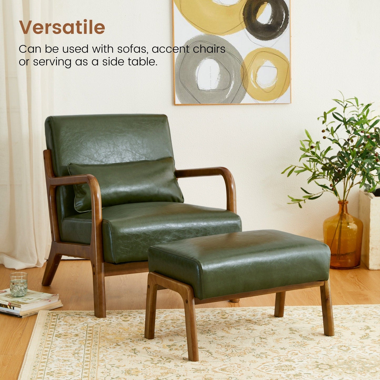 Fauteuil d'appoint Glitzhome en cuir PU, style moderne du milieu du siècle, avec coussin - 65,4 cm (l) x 85,75 cm (p) x 78,1 cm (h)