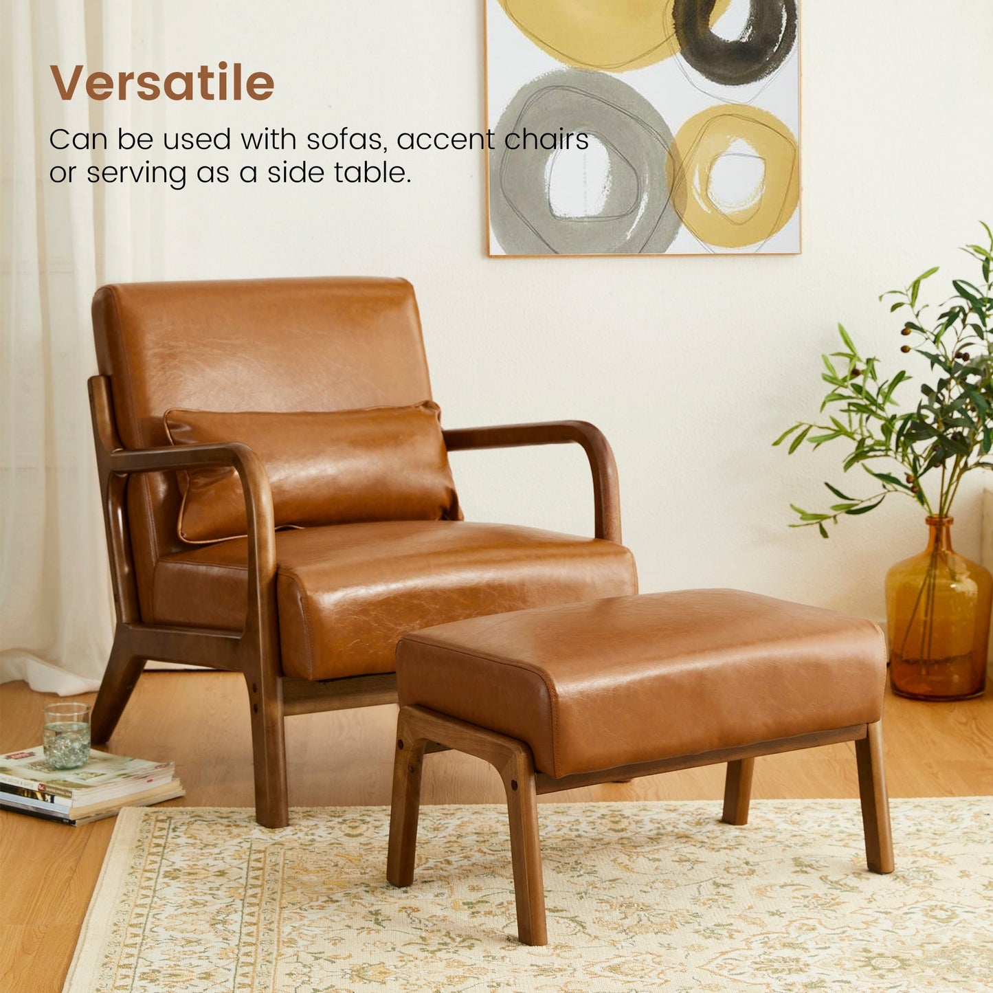 Fauteuil d'appoint Glitzhome en cuir PU, style moderne du milieu du siècle, avec coussin - 65,4 cm (l) x 85,75 cm (p) x 78,1 cm (h)