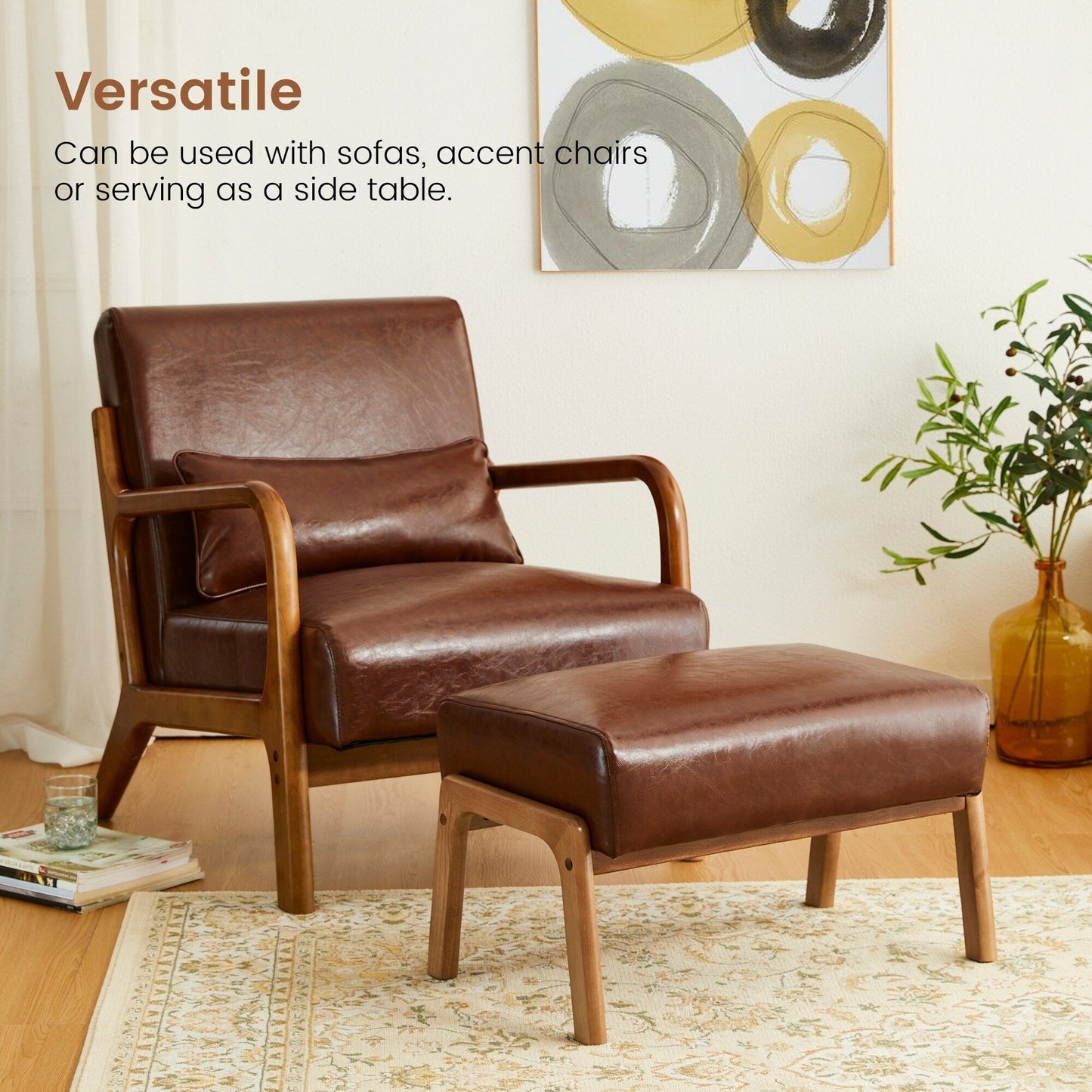 Fauteuil d'appoint Glitzhome en cuir PU, style moderne du milieu du siècle, avec coussin - 65,4 cm (l) x 85,75 cm (p) x 78,1 cm (h)