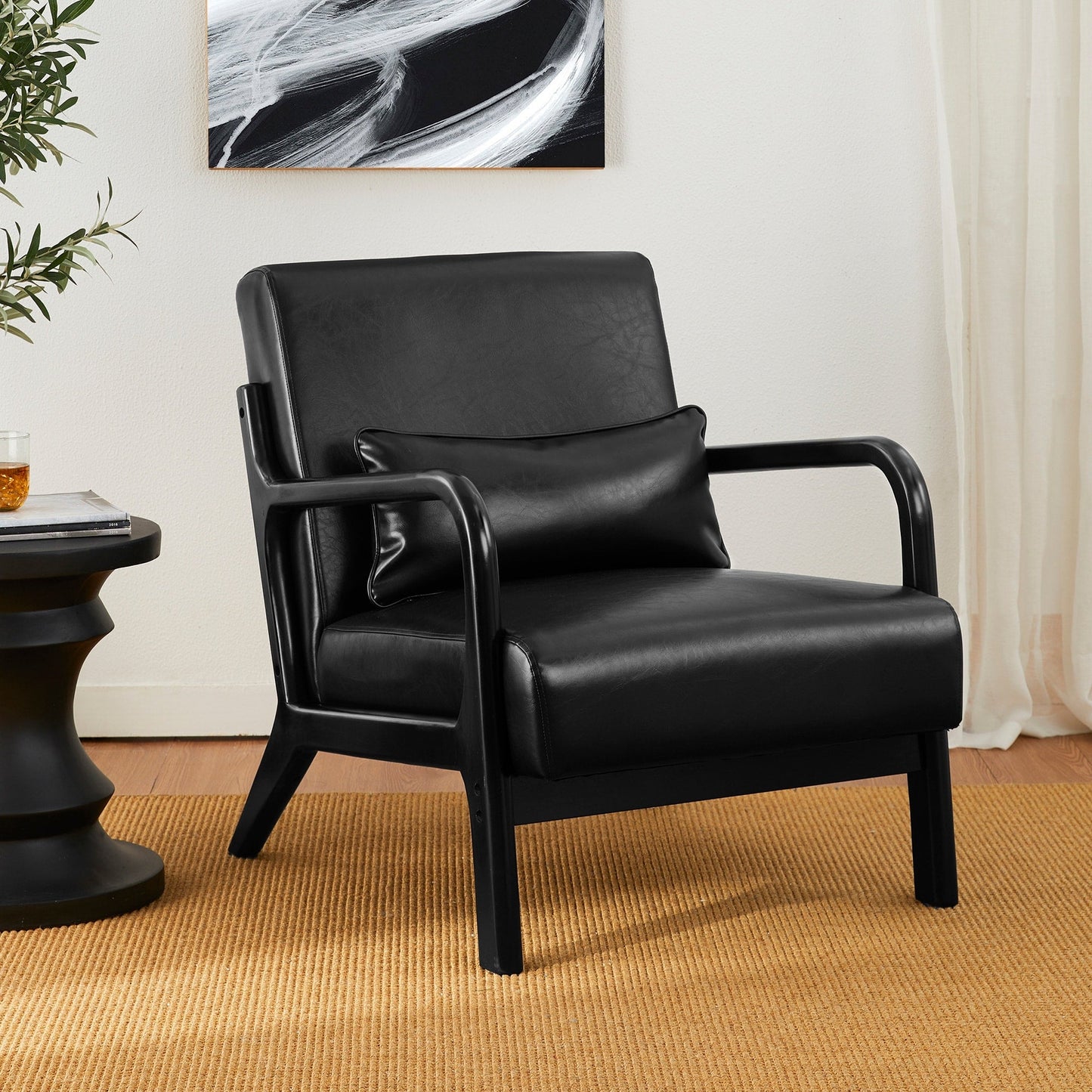 Fauteuil d'appoint Glitzhome en cuir PU, style moderne du milieu du siècle, avec coussin - 65,4 cm (l) x 85,75 cm (p) x 78,1 cm (h)