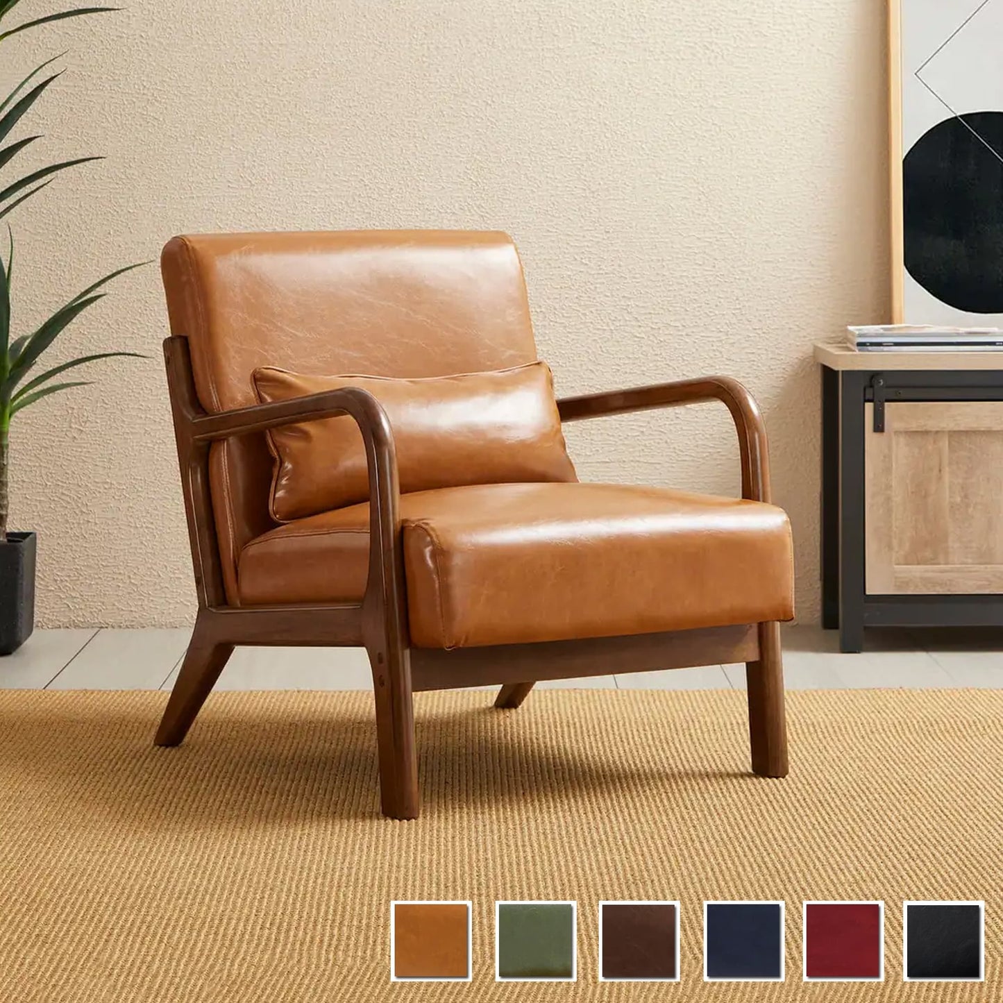 Fauteuil d'appoint Glitzhome en cuir PU, style moderne du milieu du siècle, avec coussin - 65,4 cm (l) x 85,75 cm (p) x 78,1 cm (h)