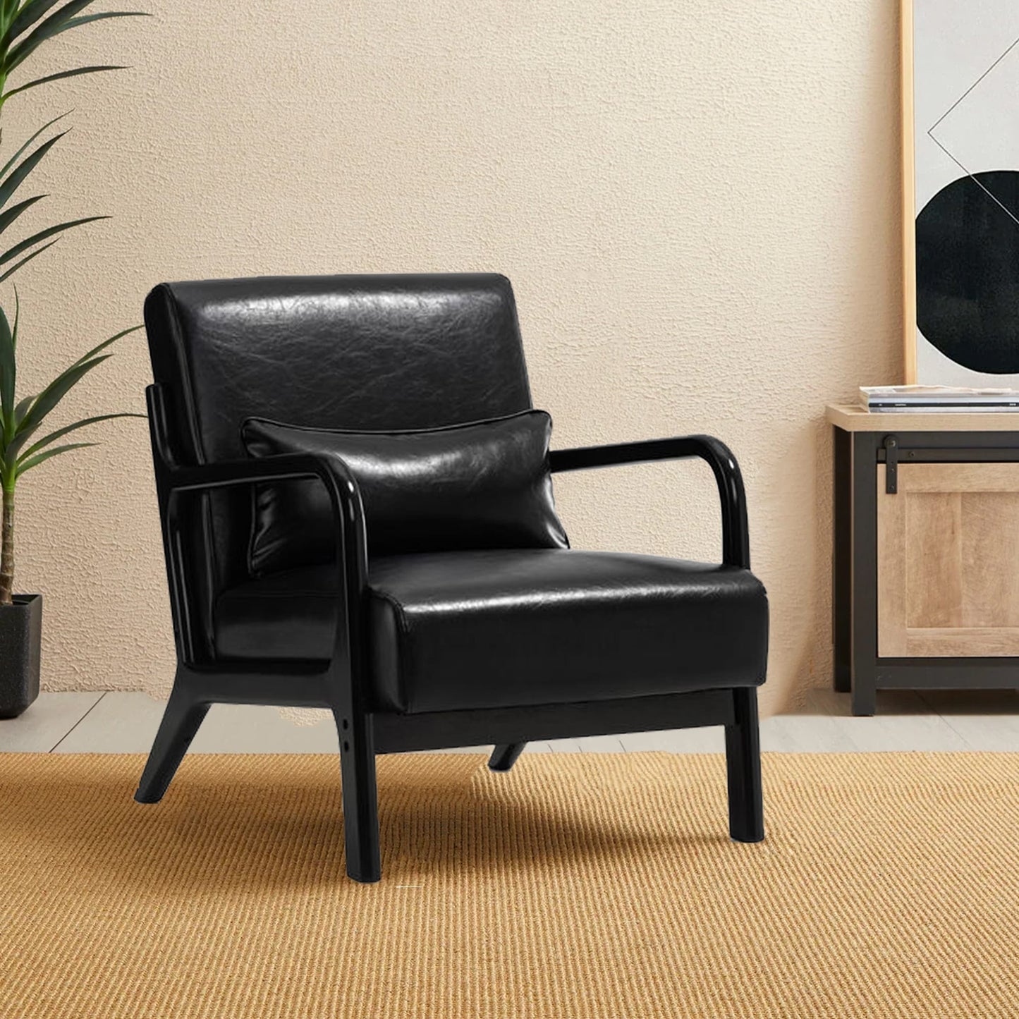 Fauteuil d'appoint Glitzhome en cuir PU, style moderne du milieu du siècle, avec coussin - 65,4 cm (l) x 85,75 cm (p) x 78,1 cm (h)