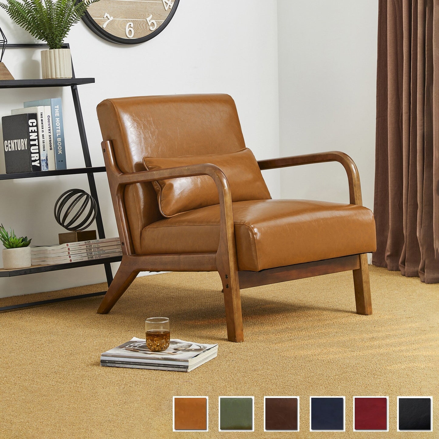 Fauteuil d'appoint Glitzhome en cuir PU, style moderne du milieu du siècle, avec coussin - 65,4 cm (l) x 85,75 cm (p) x 78,1 cm (h)