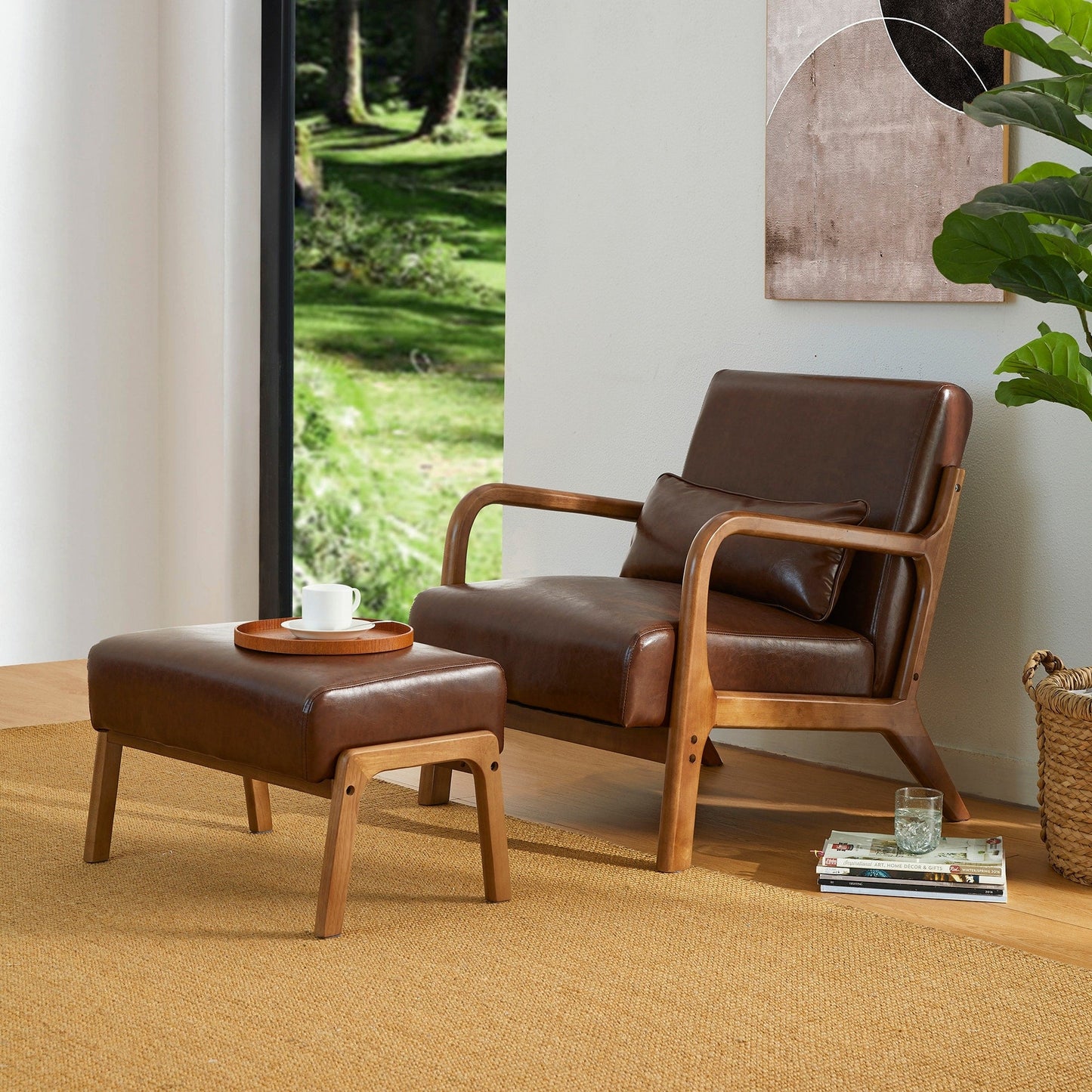 Fauteuil d'appoint Glitzhome en cuir PU, style moderne du milieu du siècle, avec coussin - 65,4 cm (l) x 85,75 cm (p) x 78,1 cm (h)