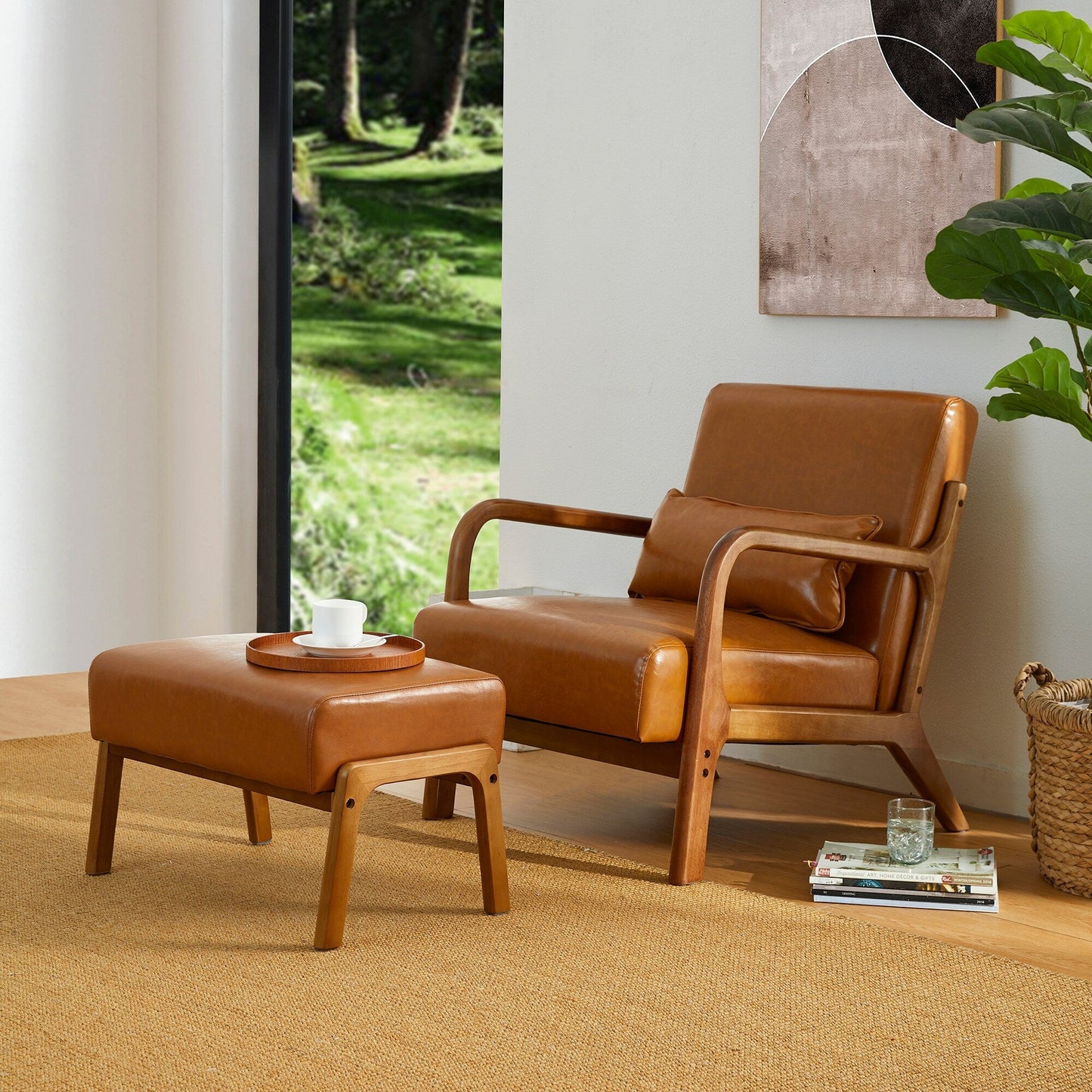 Fauteuil d'appoint Glitzhome en cuir PU, style moderne du milieu du siècle, avec coussin - 65,4 cm (l) x 85,75 cm (p) x 78,1 cm (h)