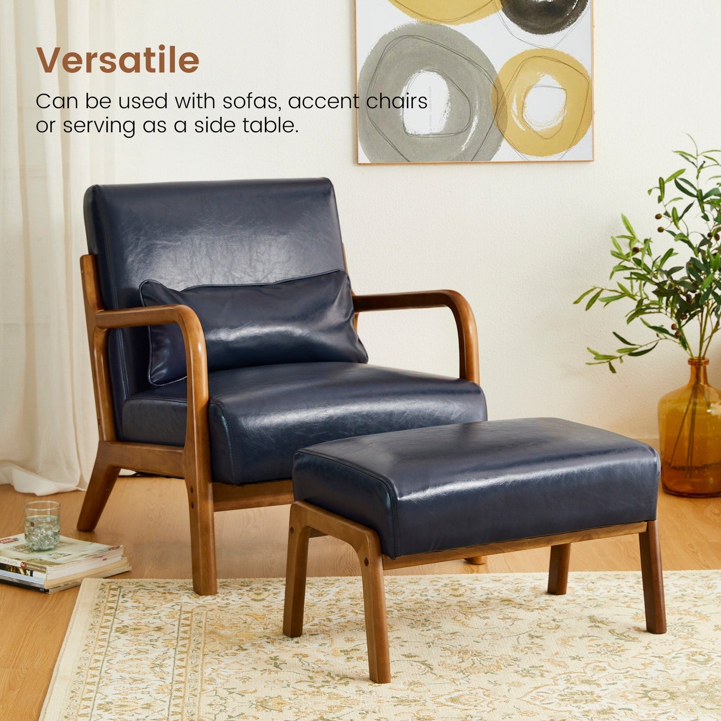 Fauteuil d'appoint Glitzhome en cuir PU, style moderne du milieu du siècle, avec coussin - 65,4 cm (l) x 85,75 cm (p) x 78,1 cm (h)