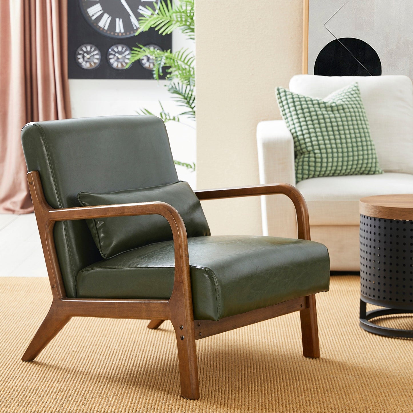 Fauteuil d'appoint Glitzhome en cuir PU, style moderne du milieu du siècle, avec coussin - 65,4 cm (l) x 85,75 cm (p) x 78,1 cm (h)