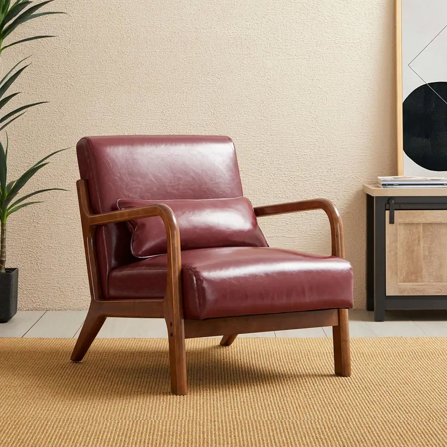 Fauteuil d'appoint Glitzhome en cuir PU, style moderne du milieu du siècle, avec coussin - 65,4 cm (l) x 85,75 cm (p) x 78,1 cm (h)