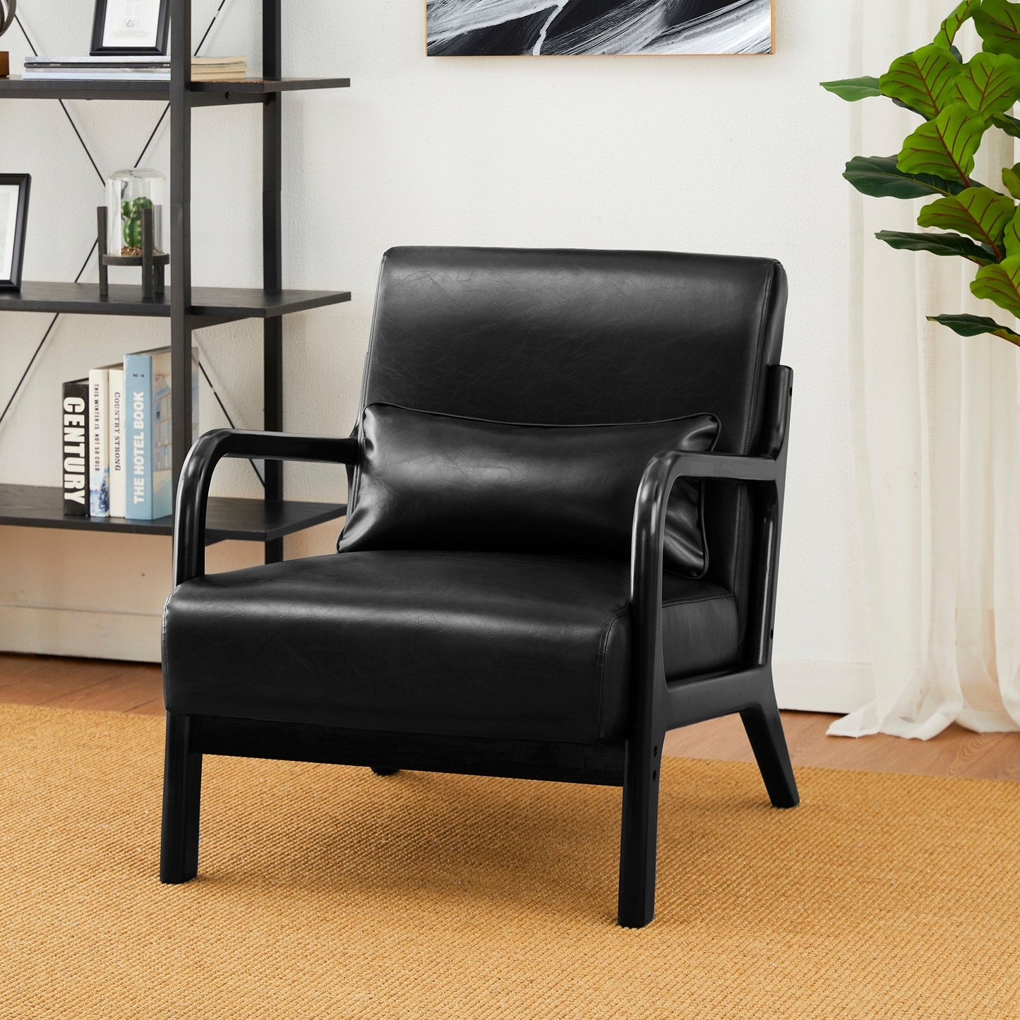 Fauteuil d'appoint Glitzhome en cuir PU, style moderne du milieu du siècle, avec coussin - 65,4 cm (l) x 85,75 cm (p) x 78,1 cm (h)