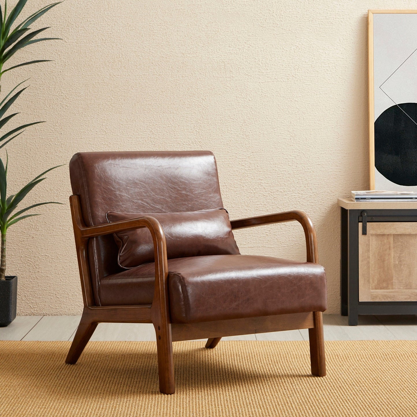 Fauteuil d'appoint Glitzhome en cuir PU, style moderne du milieu du siècle, avec coussin - 65,4 cm (l) x 85,75 cm (p) x 78,1 cm (h)