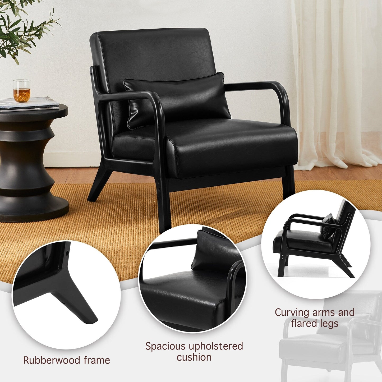 Fauteuil d'appoint Glitzhome en cuir PU, style moderne du milieu du siècle, avec coussin - 65,4 cm (l) x 85,75 cm (p) x 78,1 cm (h)