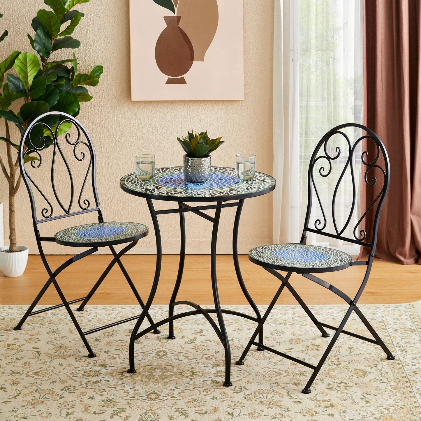 Glitzhome Ensemble de Bistro Pliable en Métal pour Extérieur 3 Pièces, Table et Chaises de Patio