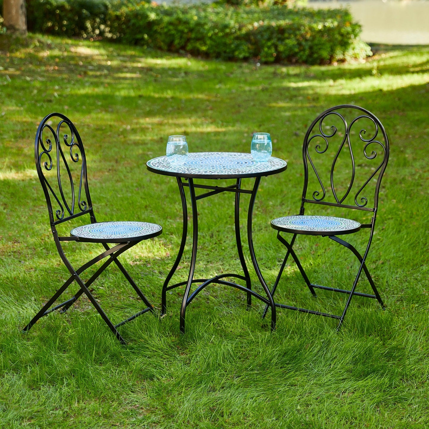 Glitzhome Ensemble de Bistro Pliable en Métal pour Extérieur 3 Pièces, Table et Chaises de Patio