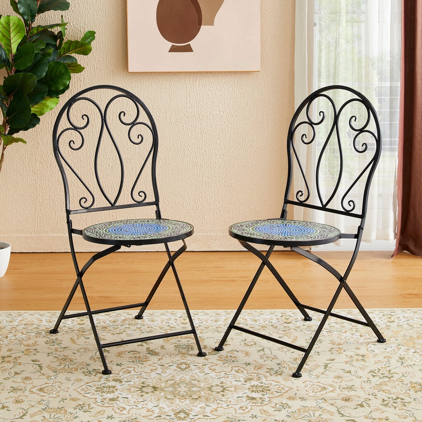 Glitzhome Ensemble de Bistro Pliable en Métal pour Extérieur 3 Pièces, Table et Chaises de Patio