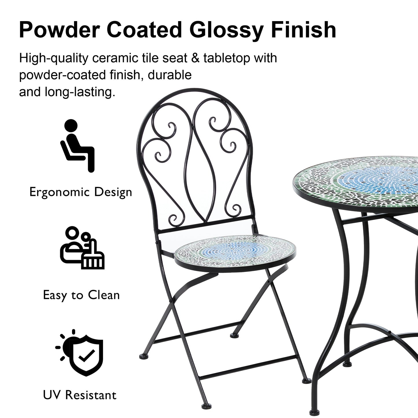 Glitzhome Ensemble de Bistro Pliable en Métal pour Extérieur 3 Pièces, Table et Chaises de Patio