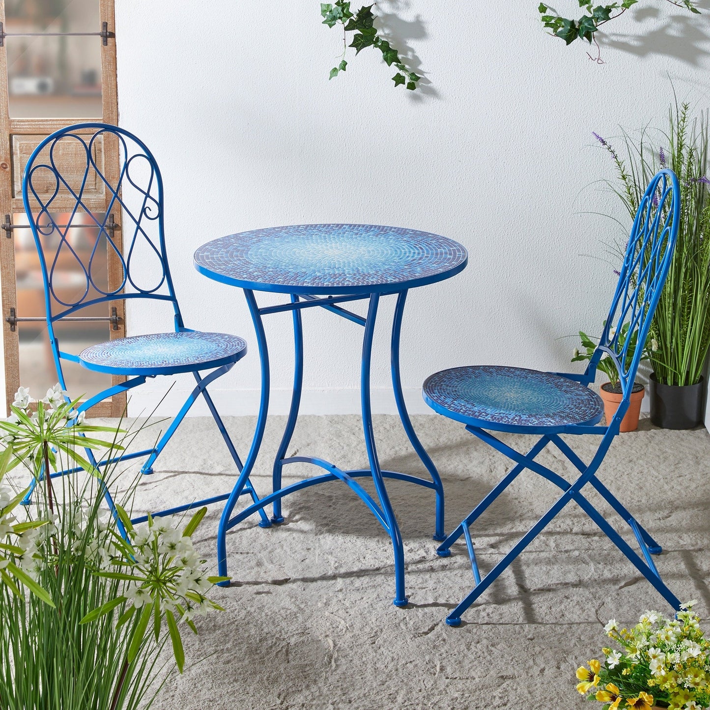 Glitzhome Ensemble de Bistro Pliable en Métal pour Extérieur 3 Pièces, Table et Chaises de Patio